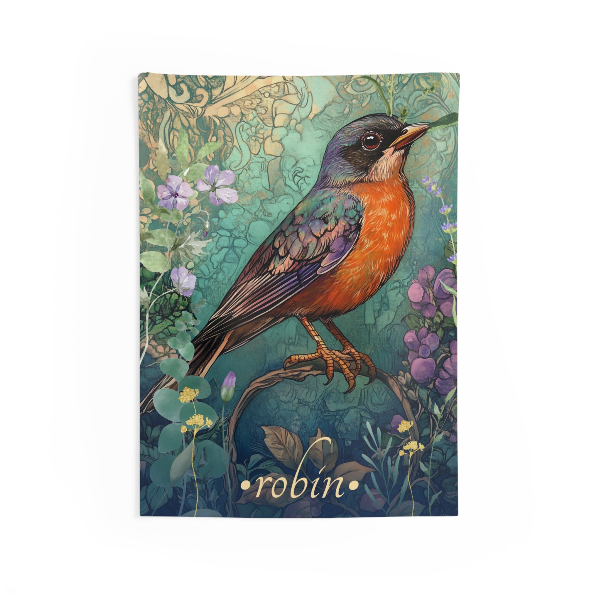 Robin Wall Tapestry – Whimsical Songbird Art for Botanical, Uplifting Interiors