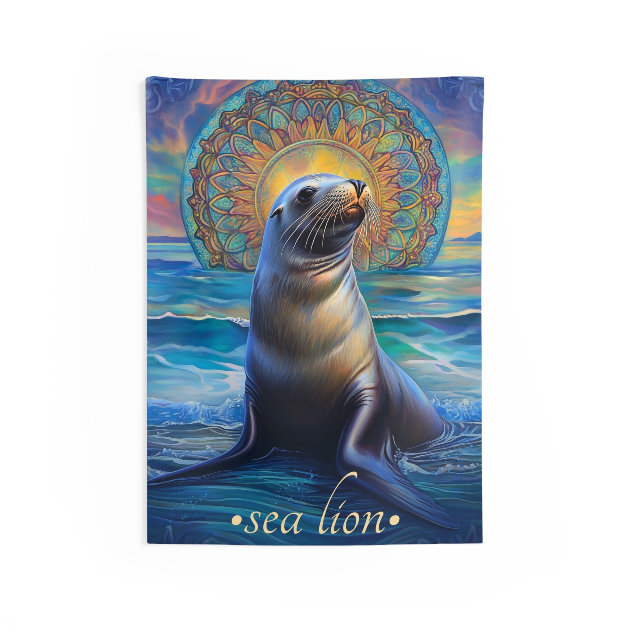 Radiant Sea Lion Wall Tapestry – Ocean Mandala Art for Coastal & Boho-Inspired Spaces