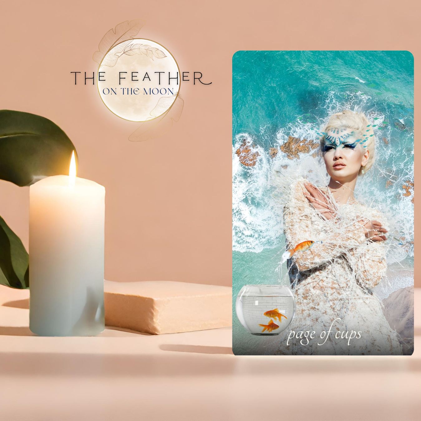 Tarot card titled 'Page of Cups' by 'The Feather on the Moon' with a candle and decorative elements.