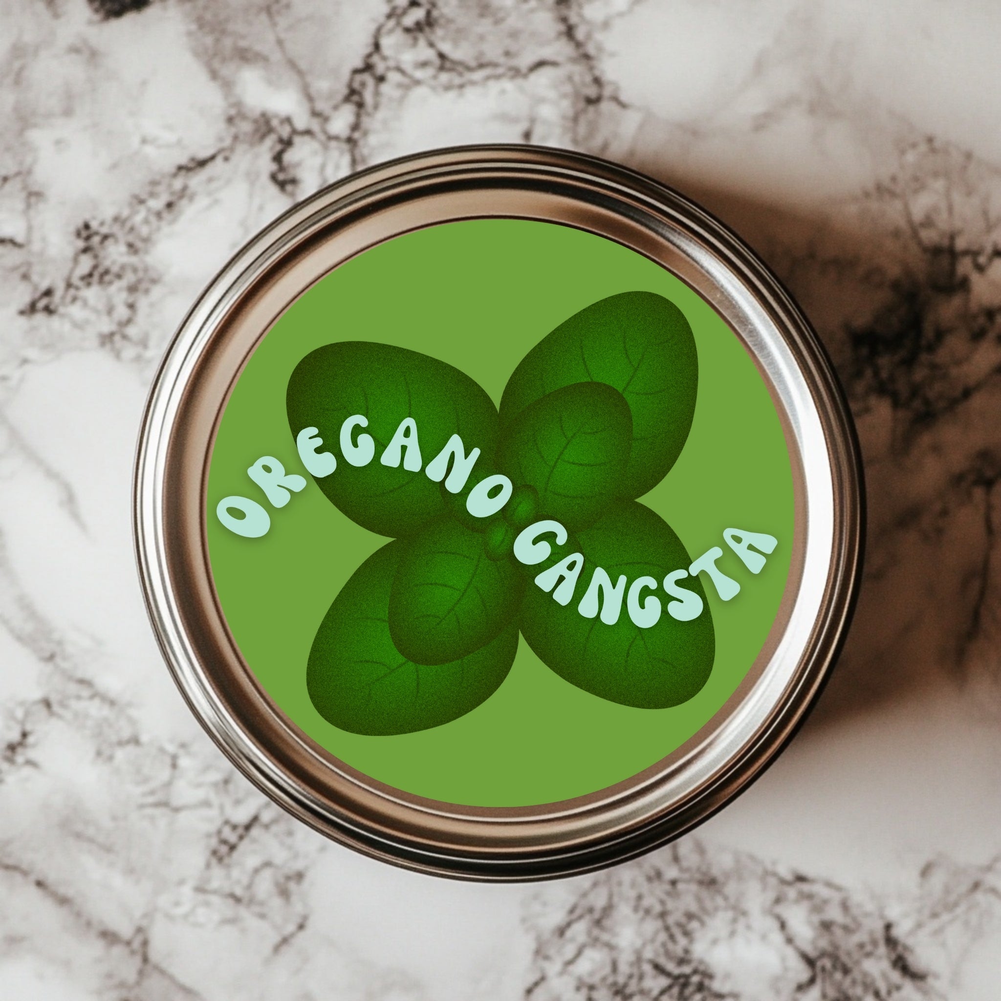 Oregano Gangsta – Bold Herb Pun Sticker (2.25x2.25") vinyl waterproof