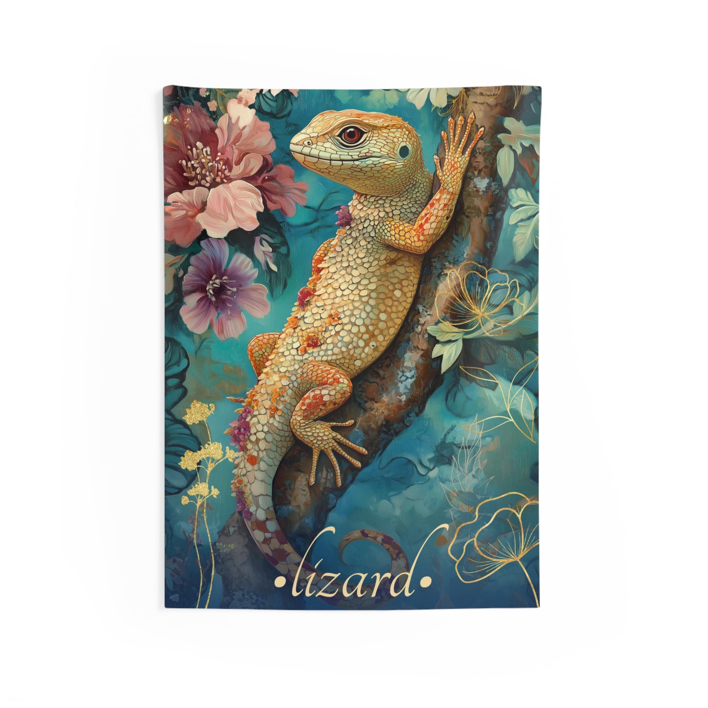Golden Lizard Wall Tapestry – Botanical Creature Art for Eclectic & Earthy Interiors