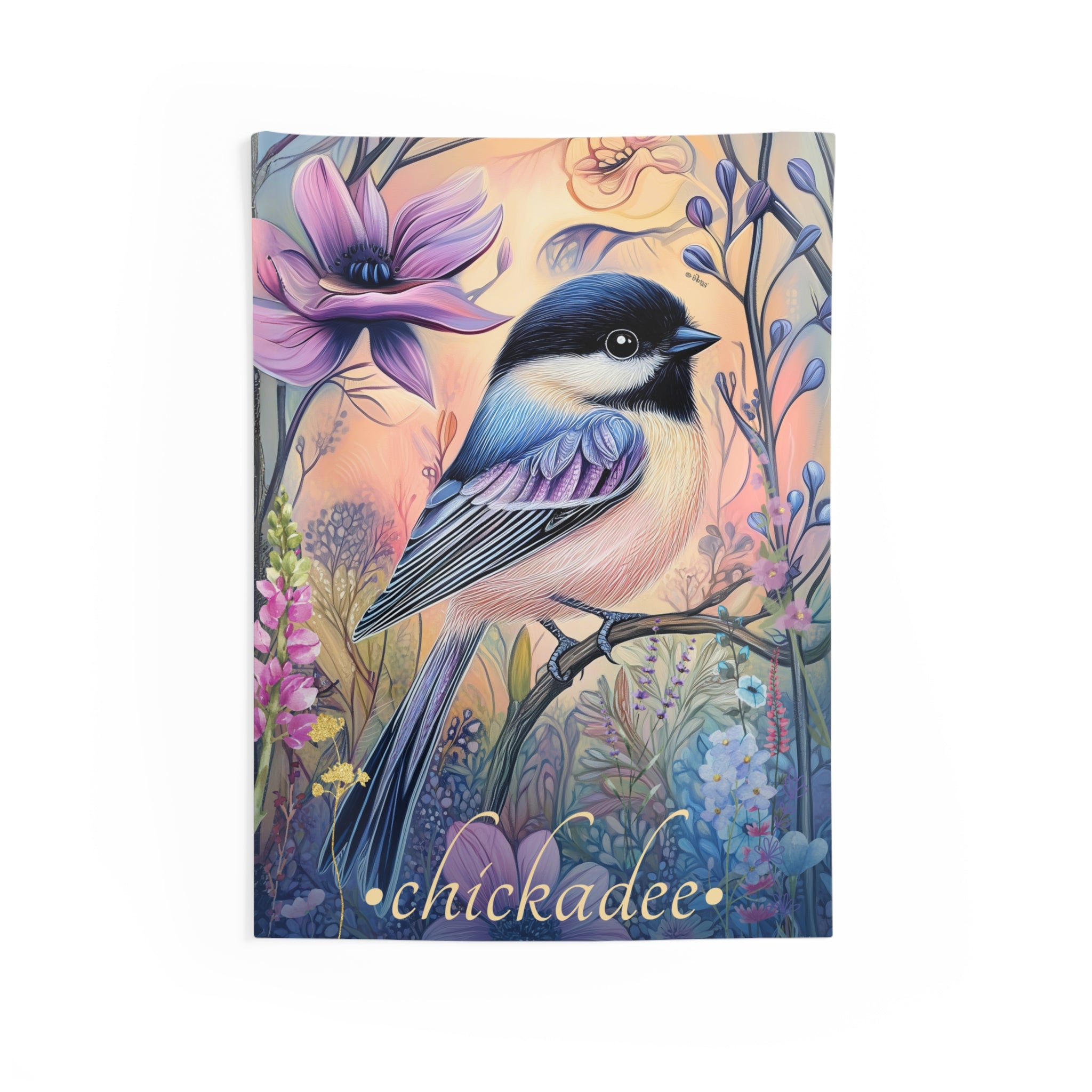 Chickadee Wall Tapestry – Delicate Songbird Art for Soft, Nature-Inspired Spaces