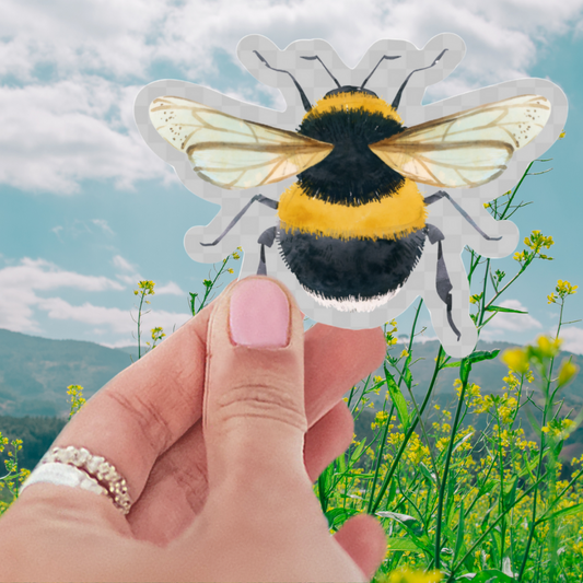 Save The Bees Sticker featuring a vibrant and beautifully designed bumblebee in rich yellow and striking black stripes, made of die-cut waterproof vinyl with a matte finish, perfect for promoting bee conservation and showcasing love for pollinators.