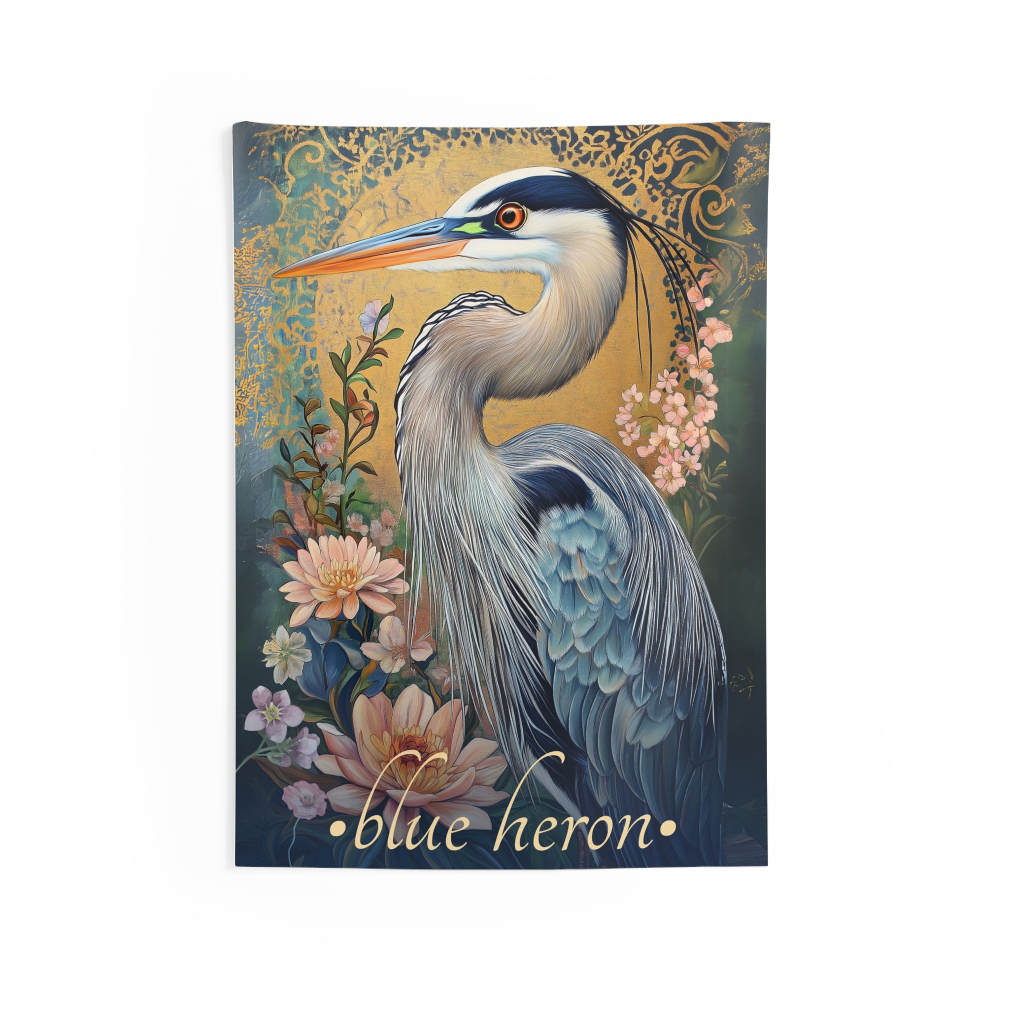 Blue Heron Wall Tapestry – Serene Botanical Bird Art for Peaceful & Nature-Inspired Spaces