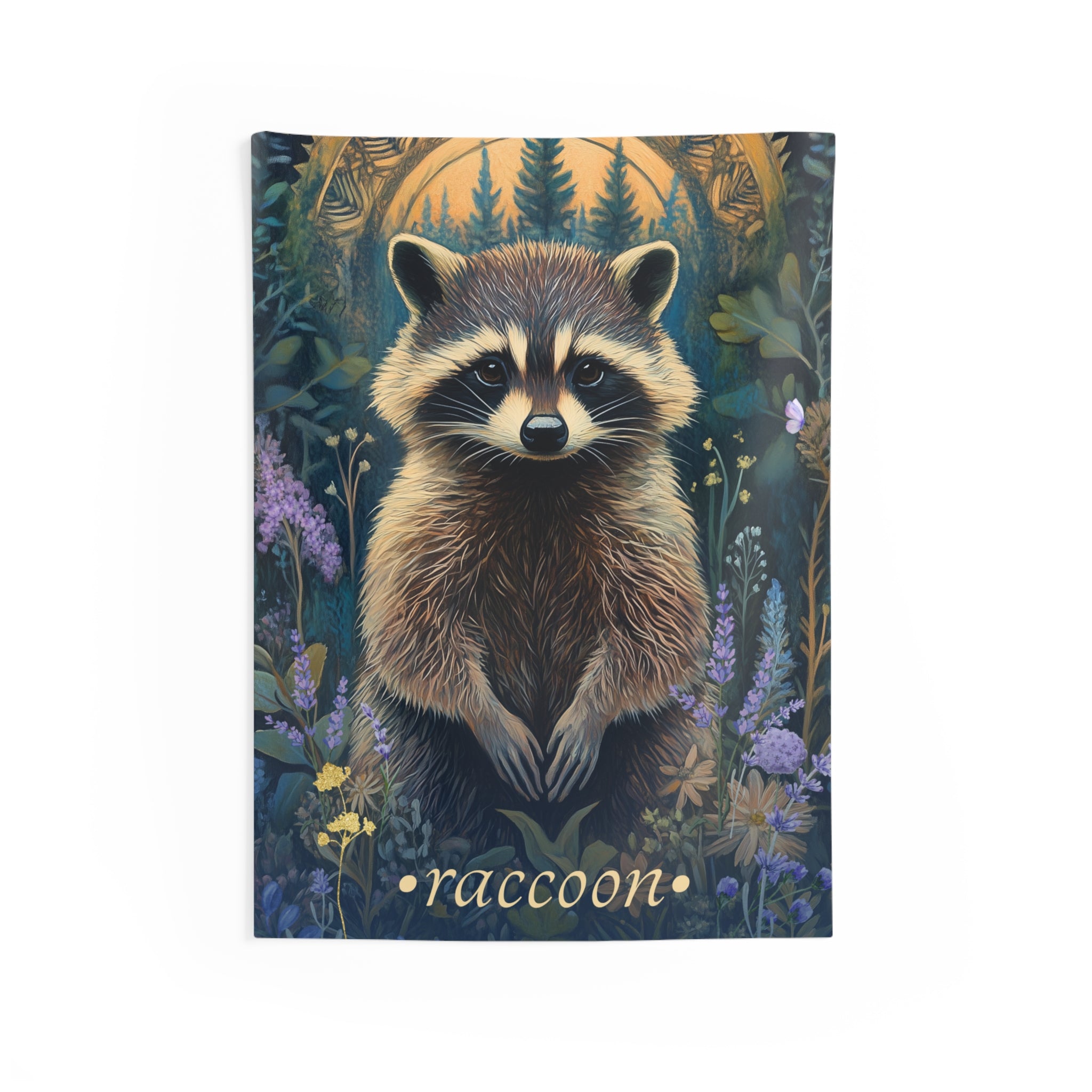 Boho Raccoon Wall Tapestry – Whimsical Forest Animal Art for Curious, Cozy Interiors