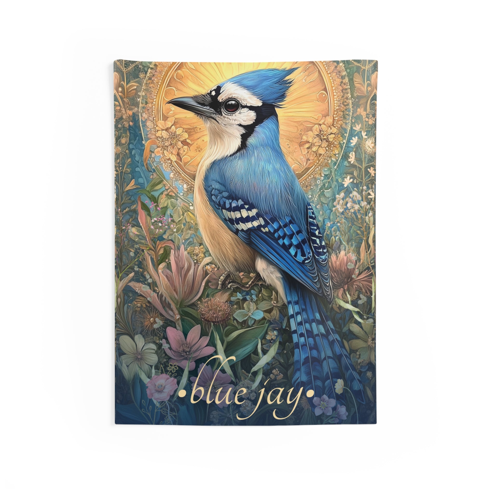 Radiant Blue Jay Wall Tapestry – Lush Botanical Bird Art for Serene, Nature-Inspired Spaces