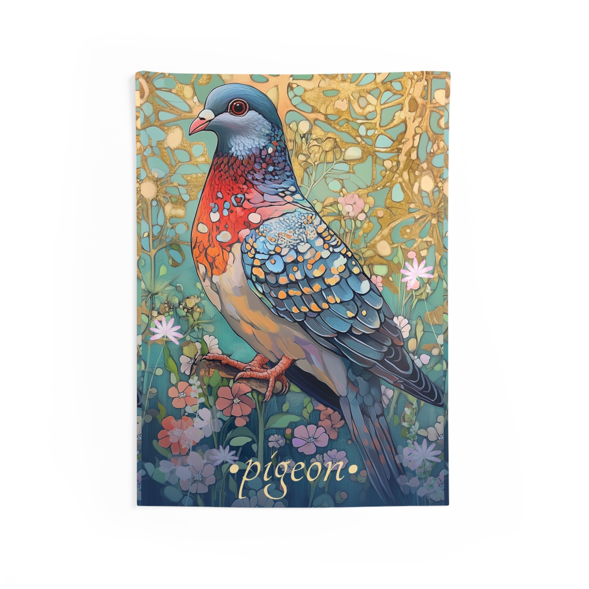 Enchanted Pigeon Wall Tapestry – Colorful Urban Bird Art for Botanical & Boho Homes