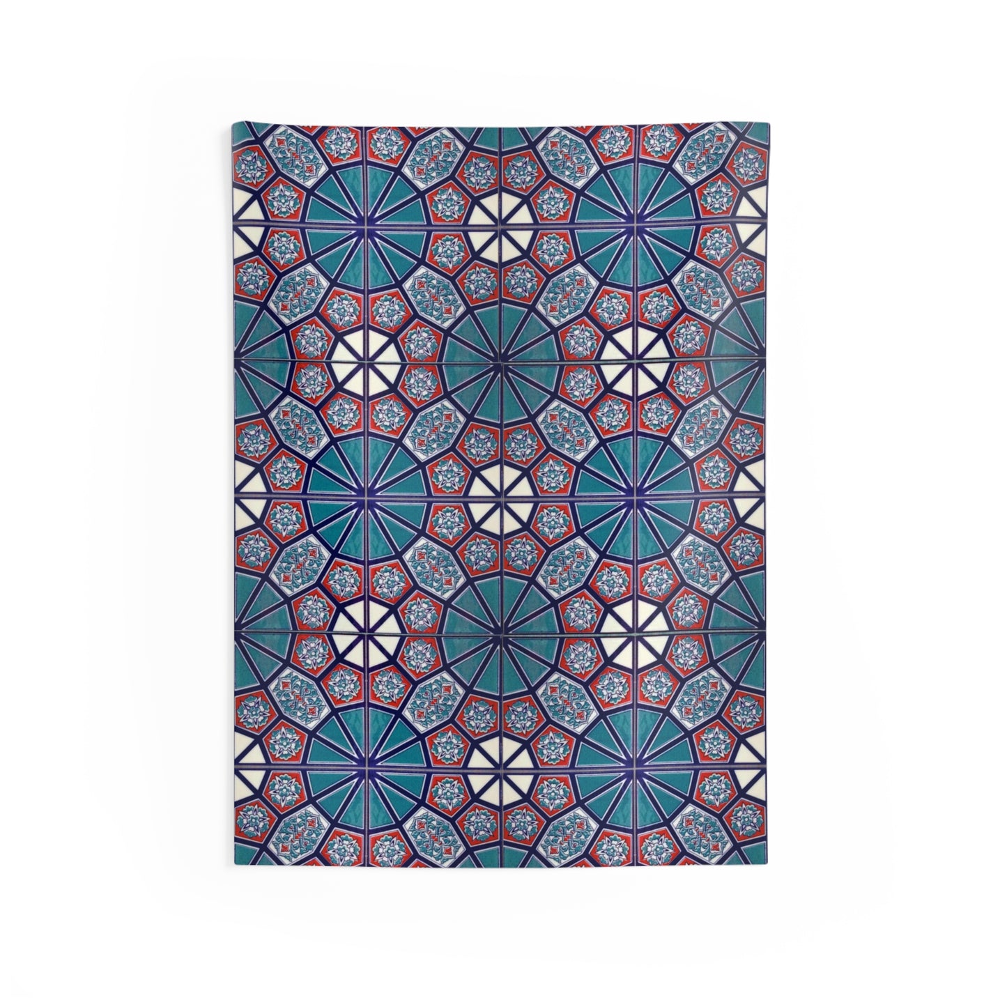 Geometric Mosaic Wall Tapestry – Bold Blue, Red & White Pattern