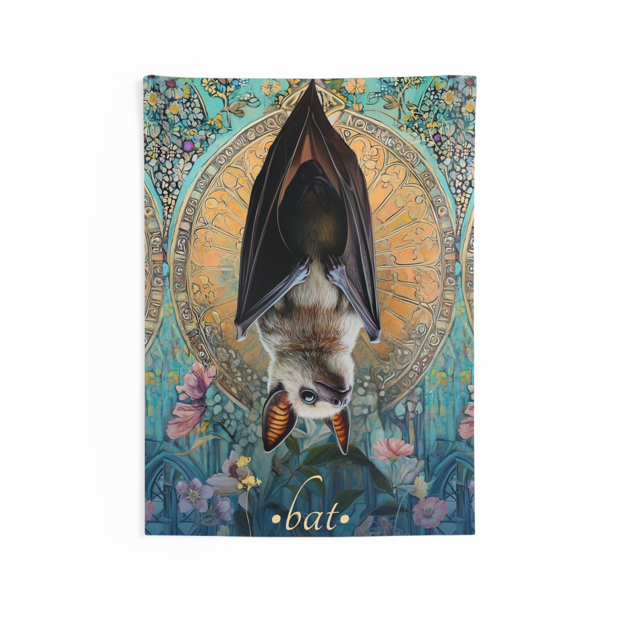 Illustrated bat wall tapestry featuring a hanging bat with folded wings surrounded by florals and ornate decorative patterns in a mystical, nature-inspired art style.