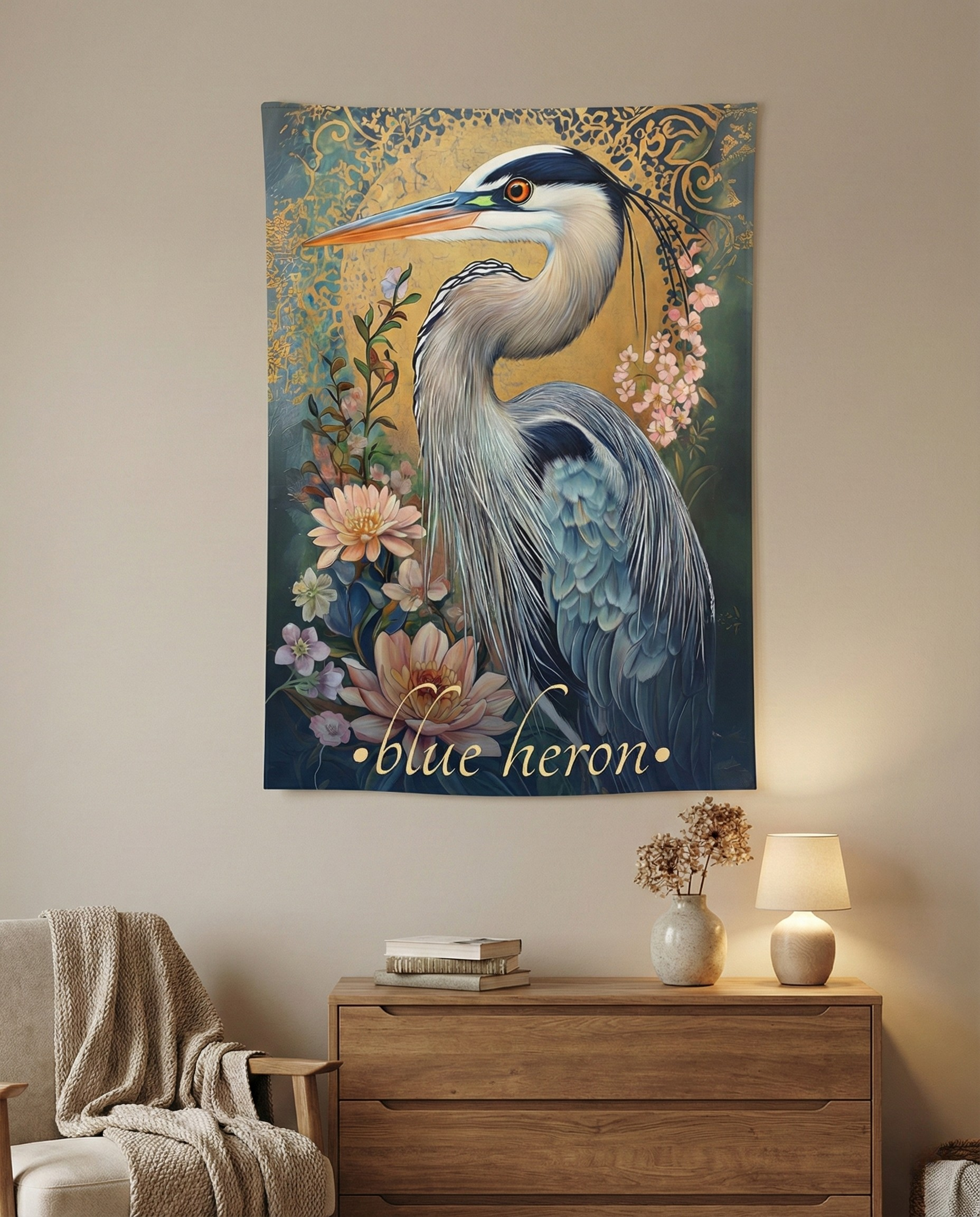 Blue Heron Wall Tapestry – Serene Botanical Bird Art for Peaceful & Nature-Inspired Spaces