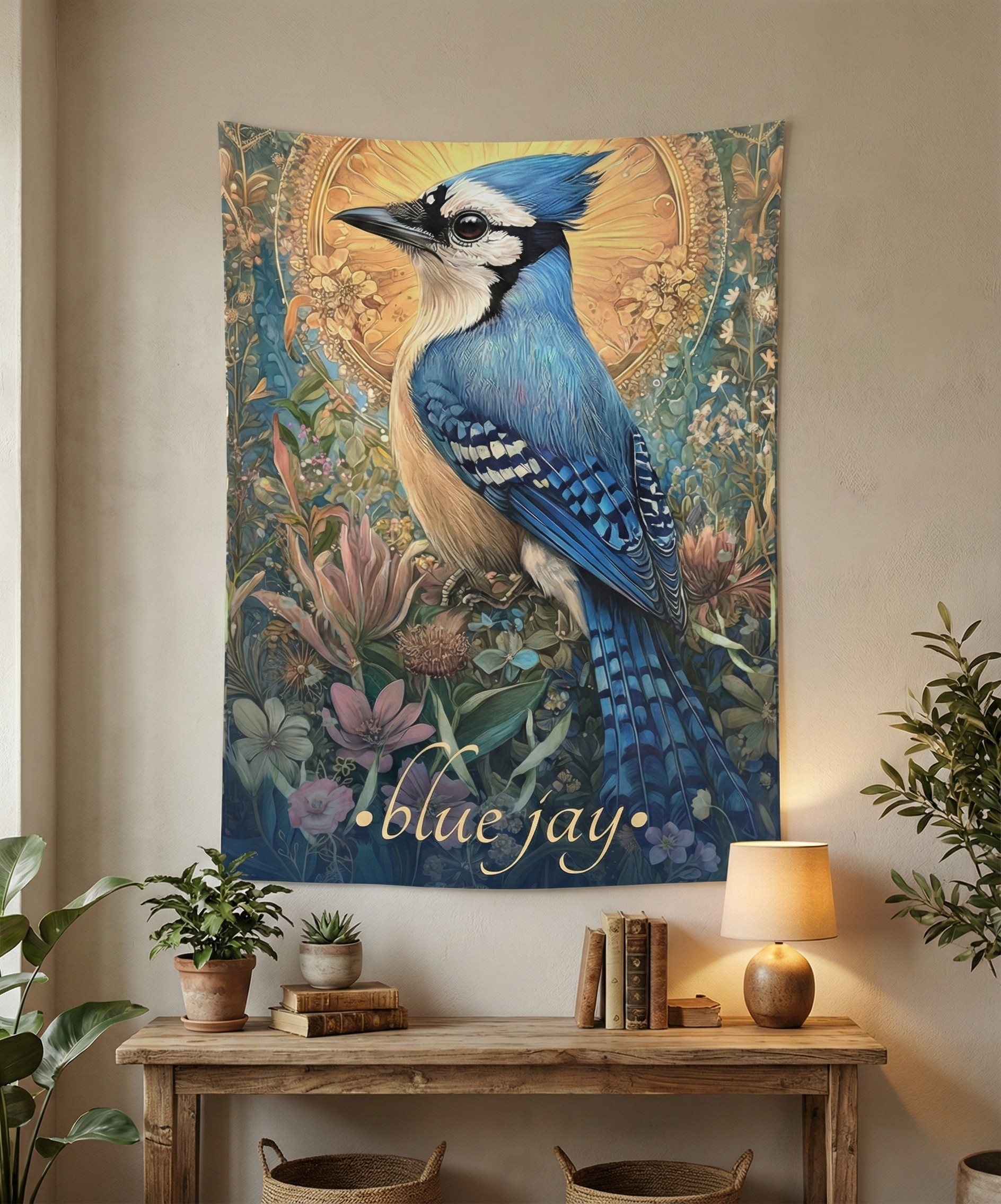 Radiant Blue Jay Wall Tapestry – Lush Botanical Bird Art for Serene, Nature-Inspired Spaces