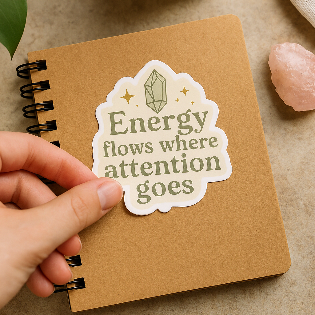 Energy Flows Where Attention Goes – Crystal Manifestation Sticker (3x3")