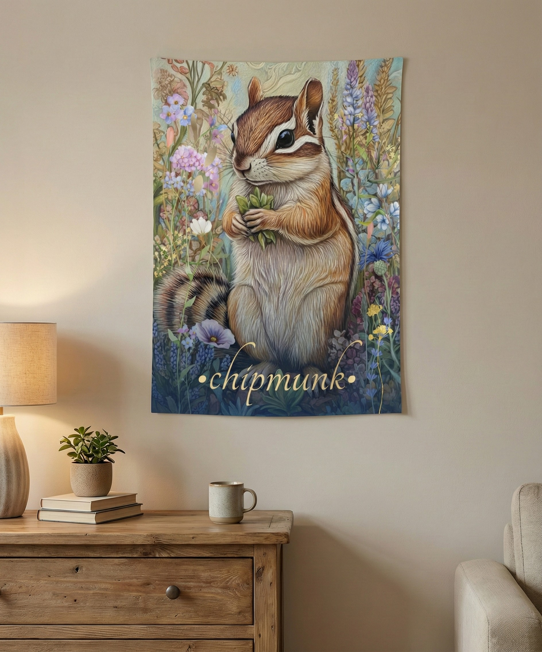 Charming Chipmunk Wall Tapestry – Whimsical Forest Animal Art for Nature-Loving Homes