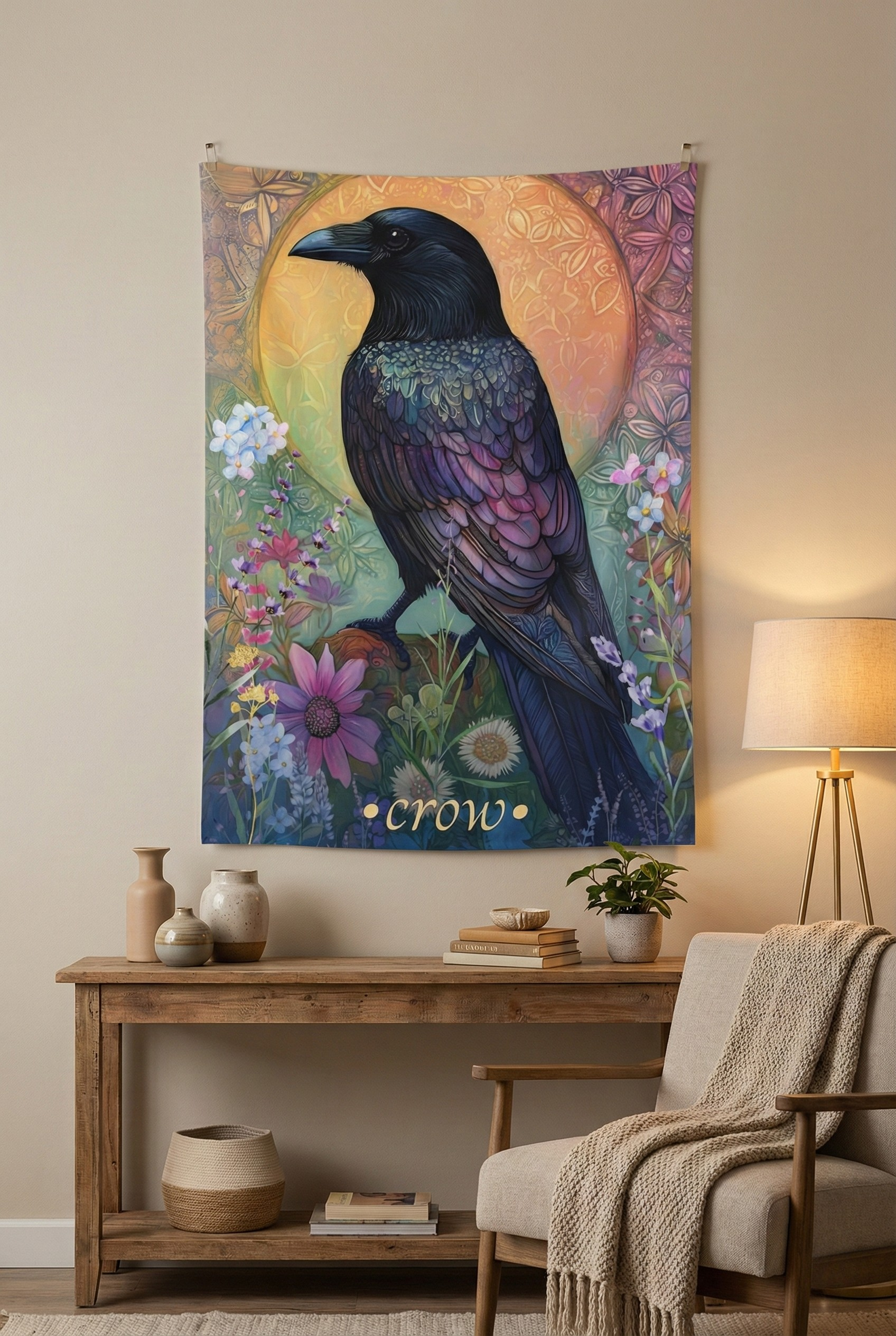 Mystical Crow Wall Tapestry – Mystical Gothic Decor for Insightful, Nature-Inspired Interiors