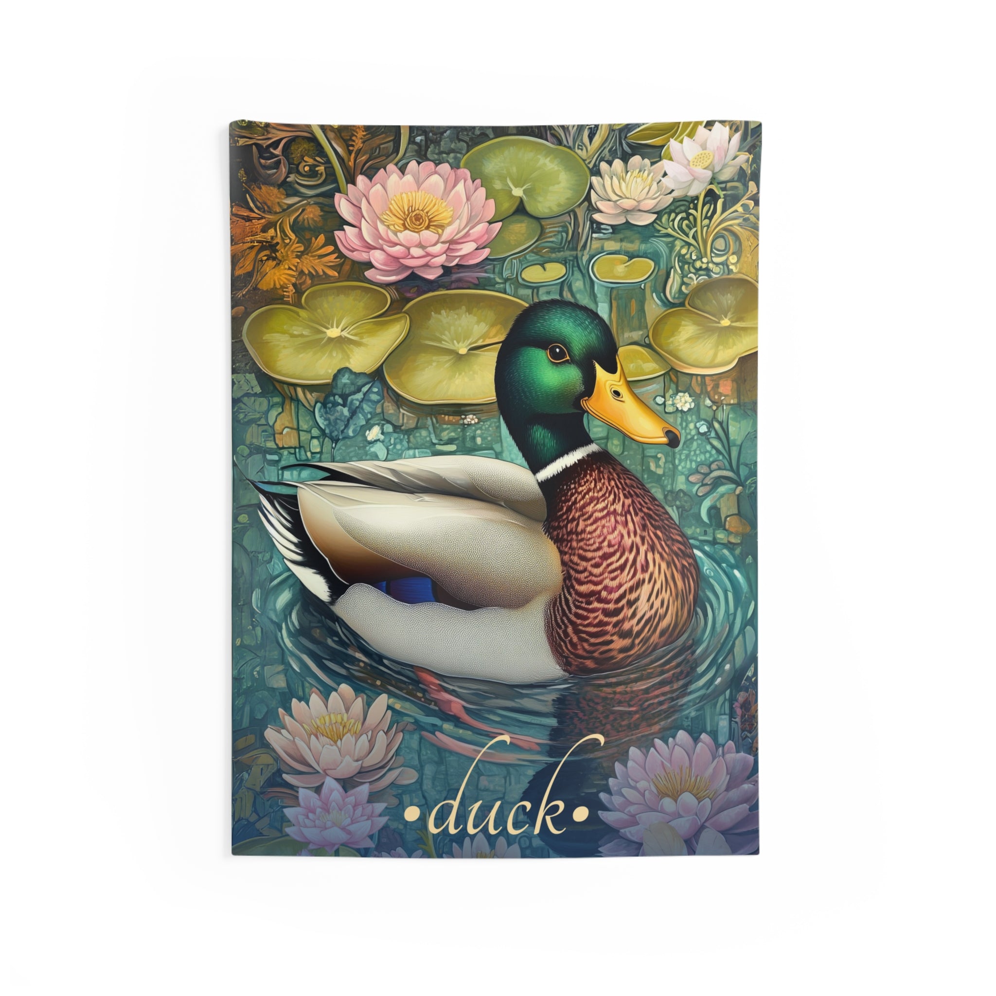 A wall tapestry featuring a vibrant illustration of a duck surrounded by lotus and lily pads on a tranquil pond.