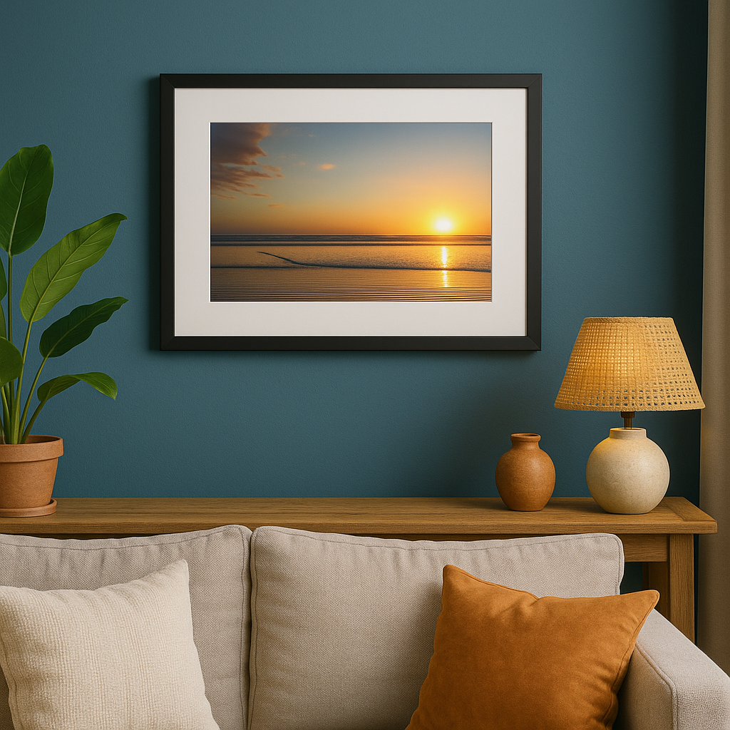Framed sunset landscape on a blue wall above a sofa with decorative items.