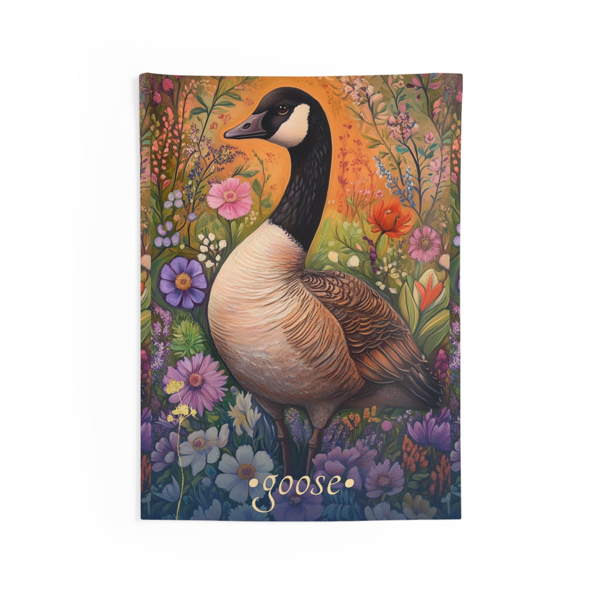 A wall tapestry featuring a detailed illustration of a goose standing among a variety of colorful wildflowers with a warm sunset hue in the background.