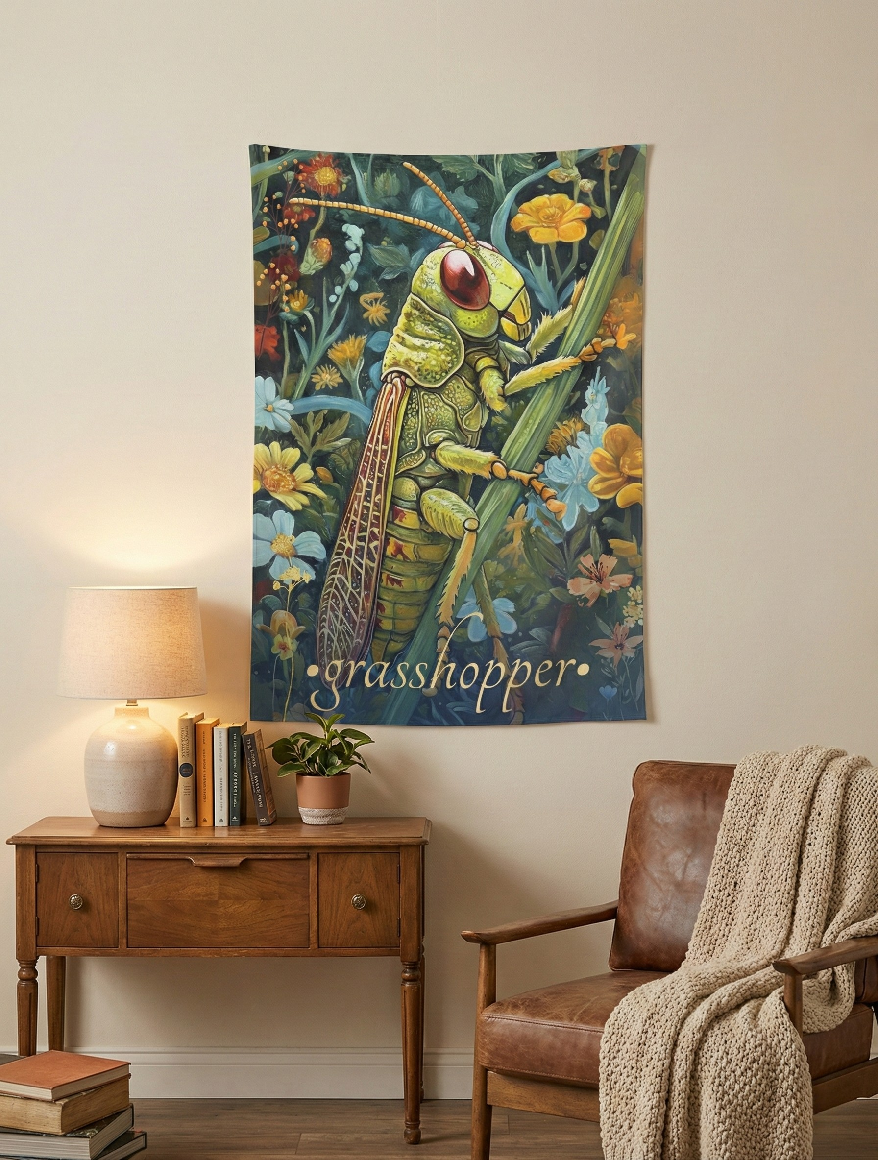 Grasshopper Wall Tapestry – Vibrant Insect Art for Bold, Botanical & Nature-Centered Spaces