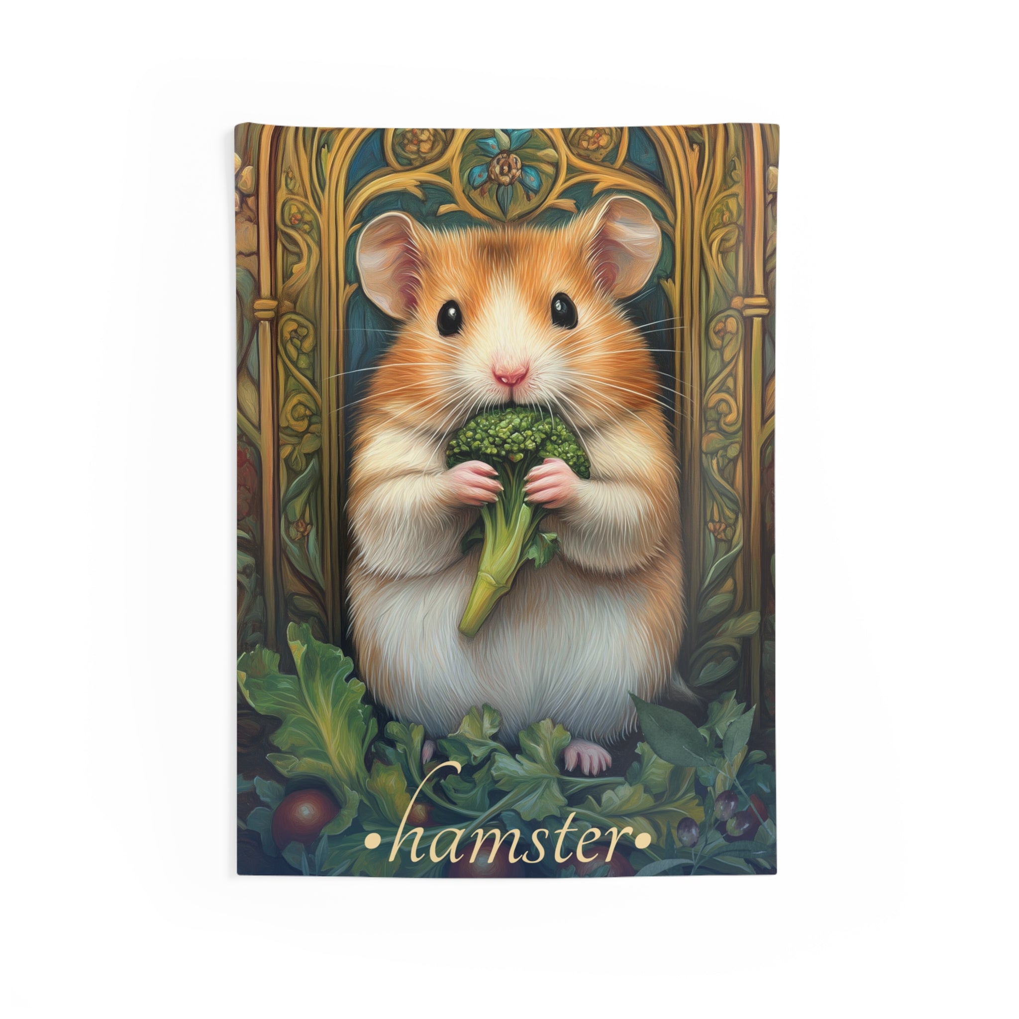 A wall tapestry featuring a whimsical illustration of a hamster holding a piece of broccoli, surrounded by leafy greens and seated on a depicted bench. The background has a golden ornate pattern.