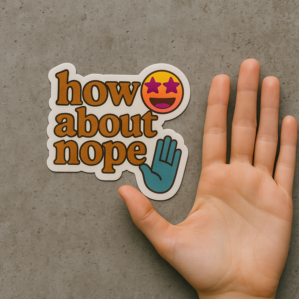 Sticker with 'how about nope' text and emoji on a concrete surface with a hand holding it.