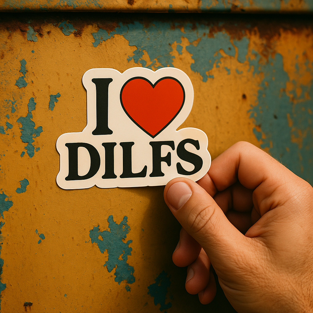 Hand holding a sticker with 'I ❤️ DILFS' text against a rusty metal background