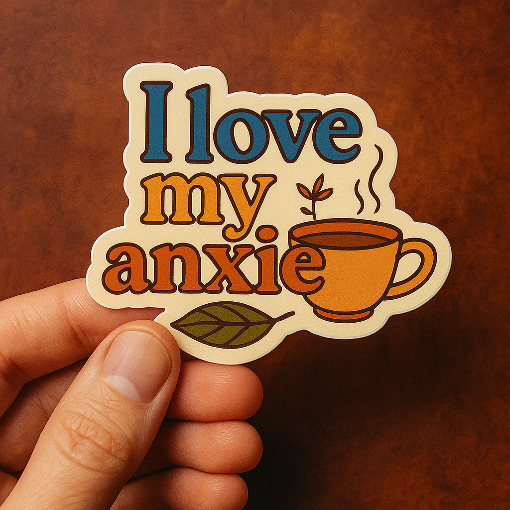 Sticker with 'I love my anxiety' text and a coffee cup on a brown background