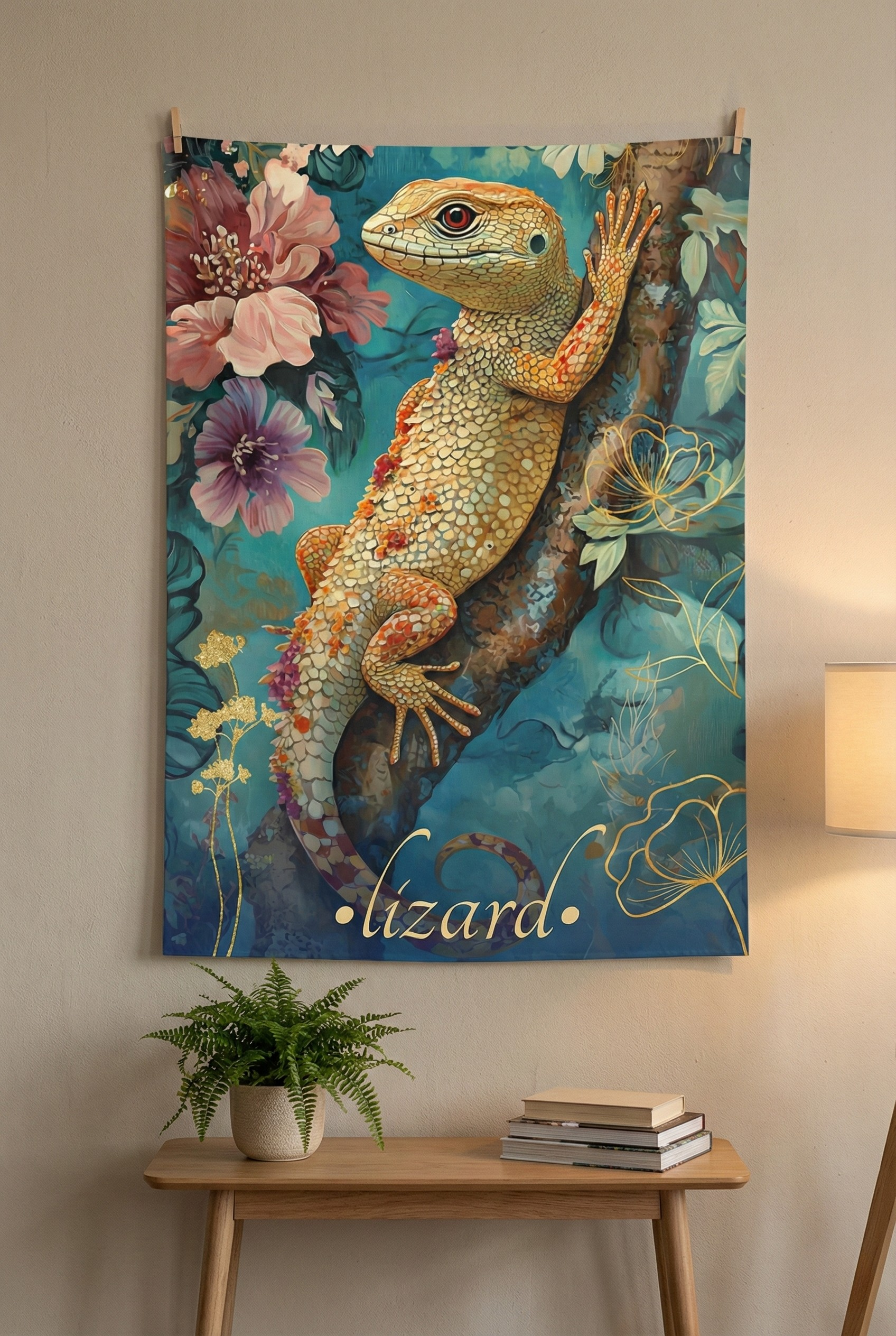 Golden Lizard Wall Tapestry – Botanical Creature Art for Eclectic & Earthy Interiors