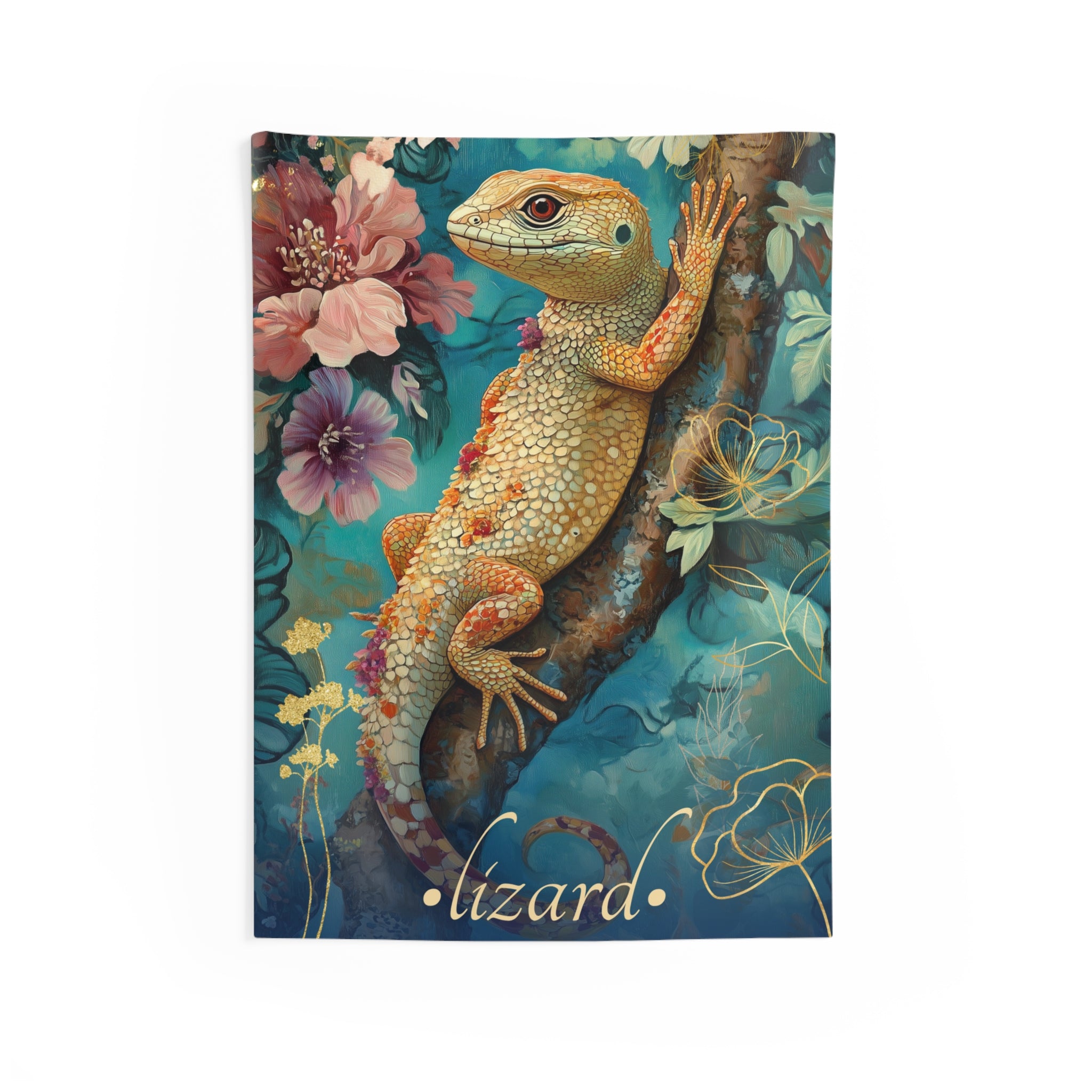 A wall tapestry featuring a vibrant illustration of a golden lizard with a floral background.