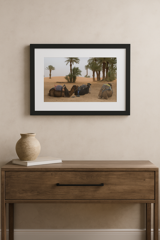 Framed photograph of camels in a desert scene on a wall above a wooden console table.