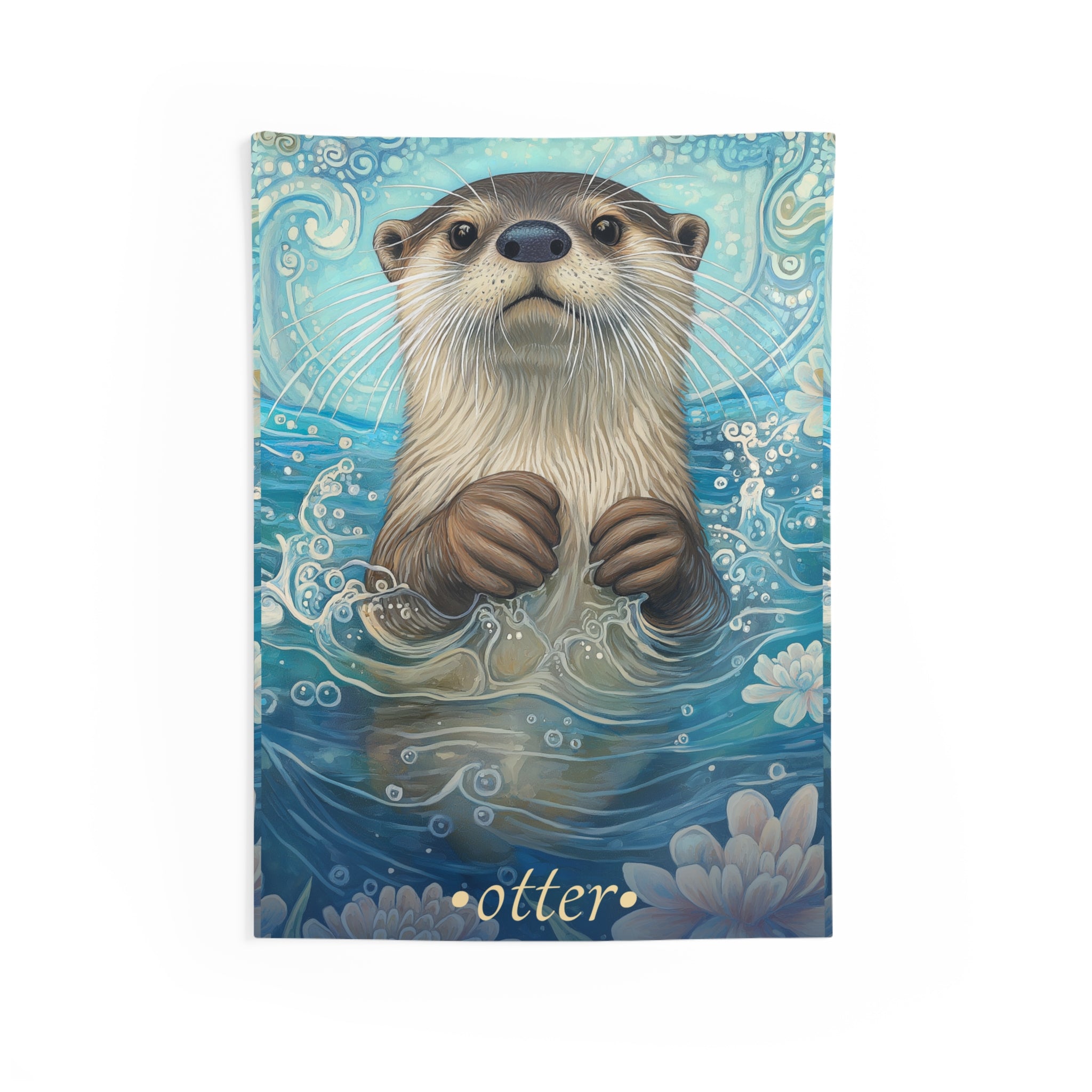 A wall tapestry featuring a whimsical illustration of an otter with a playful expression, surrounded by blue water and lilies.