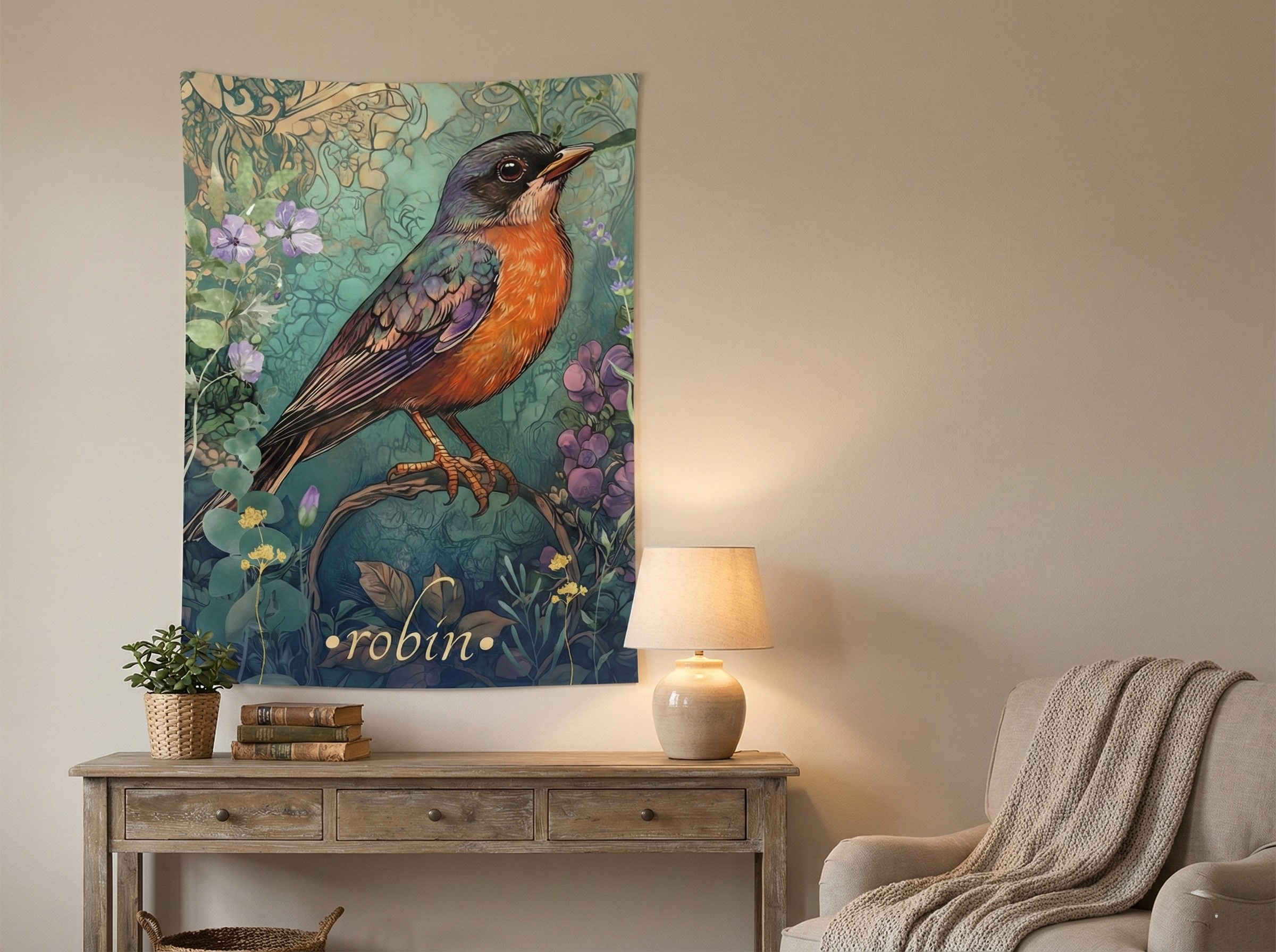 Robin Wall Tapestry – Whimsical Songbird Art for Botanical, Uplifting Interiors