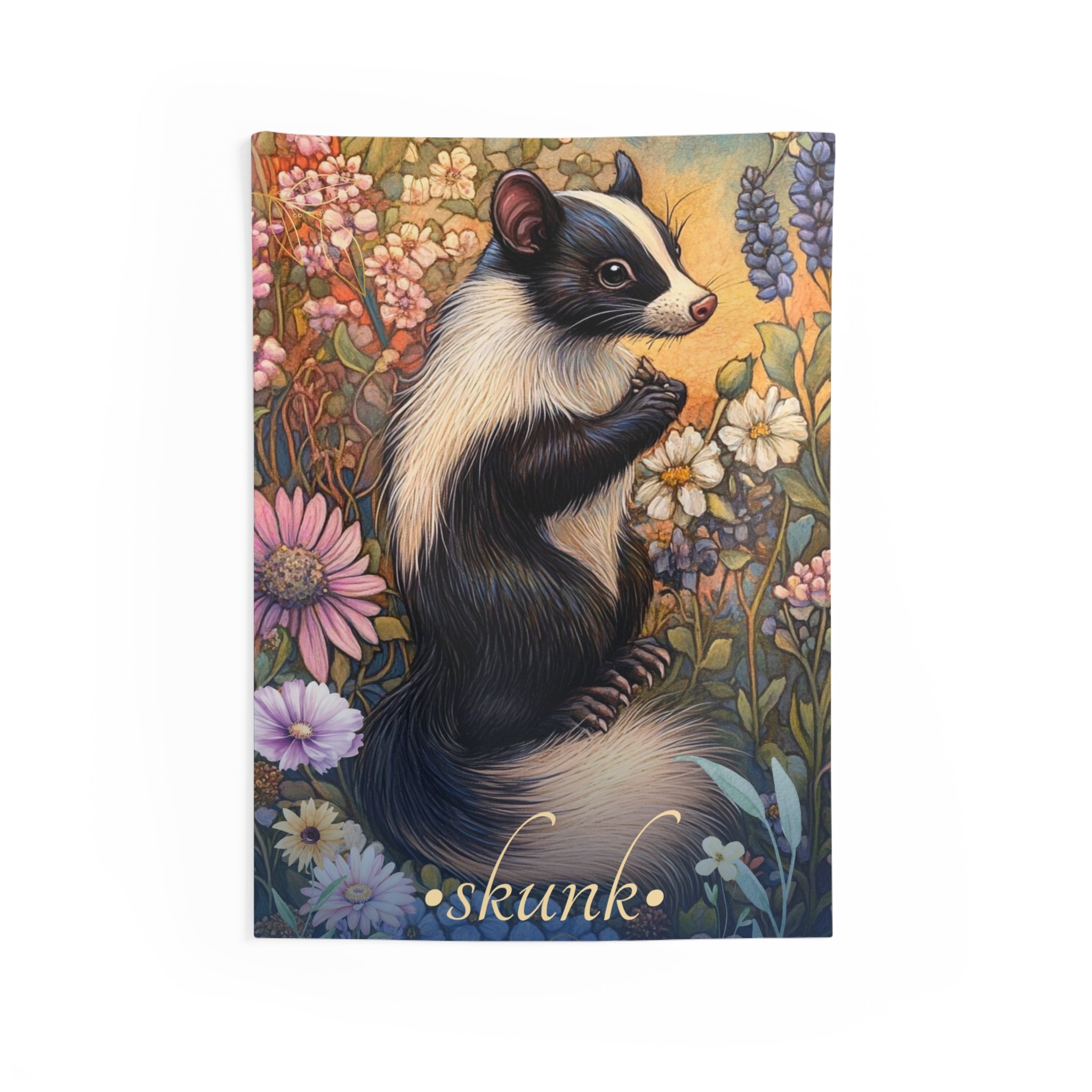 A wall tapestry featuring a whimsical illustration of a skunk standing upright among colorful wildflowers.