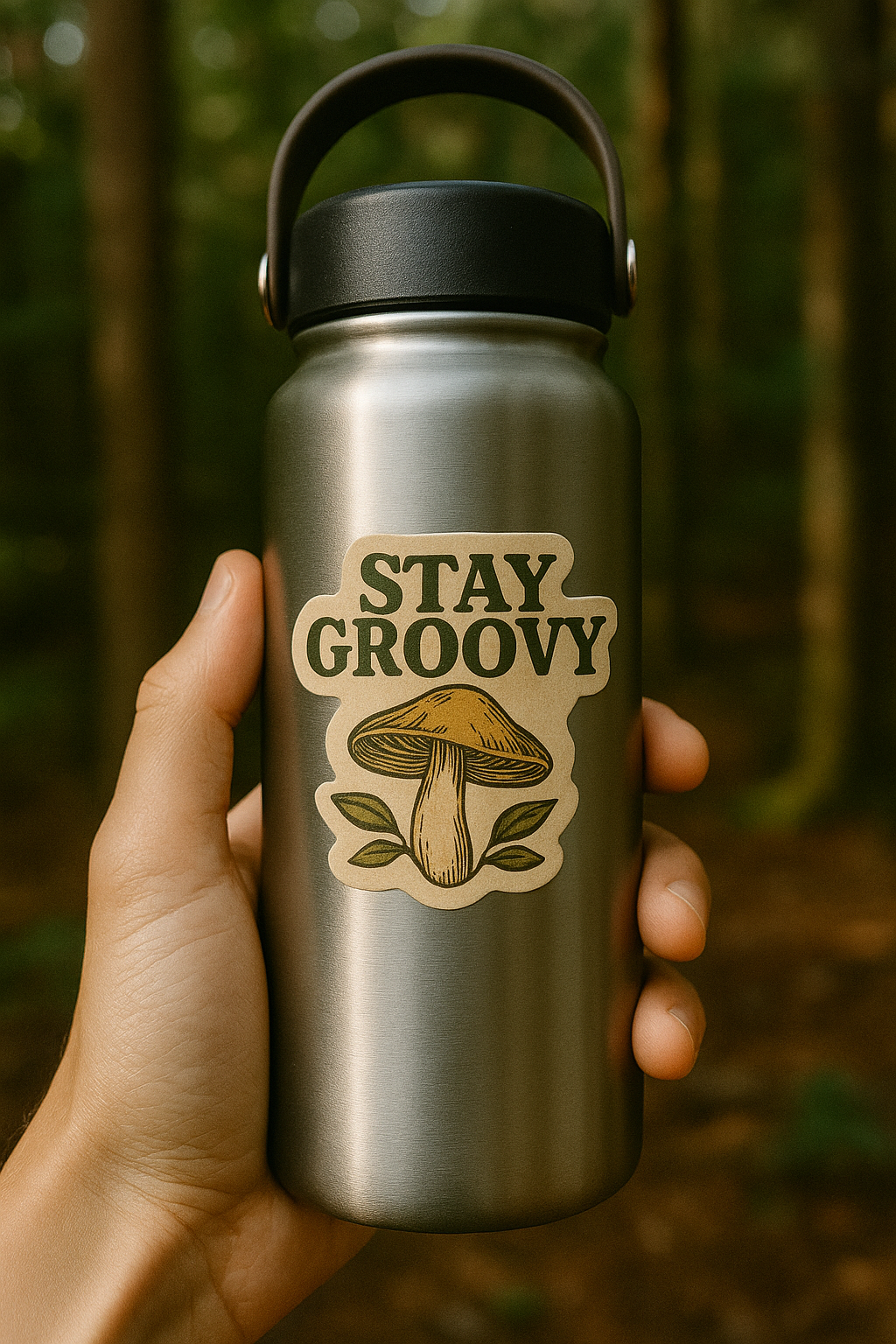 Hand holding a silver water bottle with 'Stay Groovy' and mushroom design against a blurred forest background