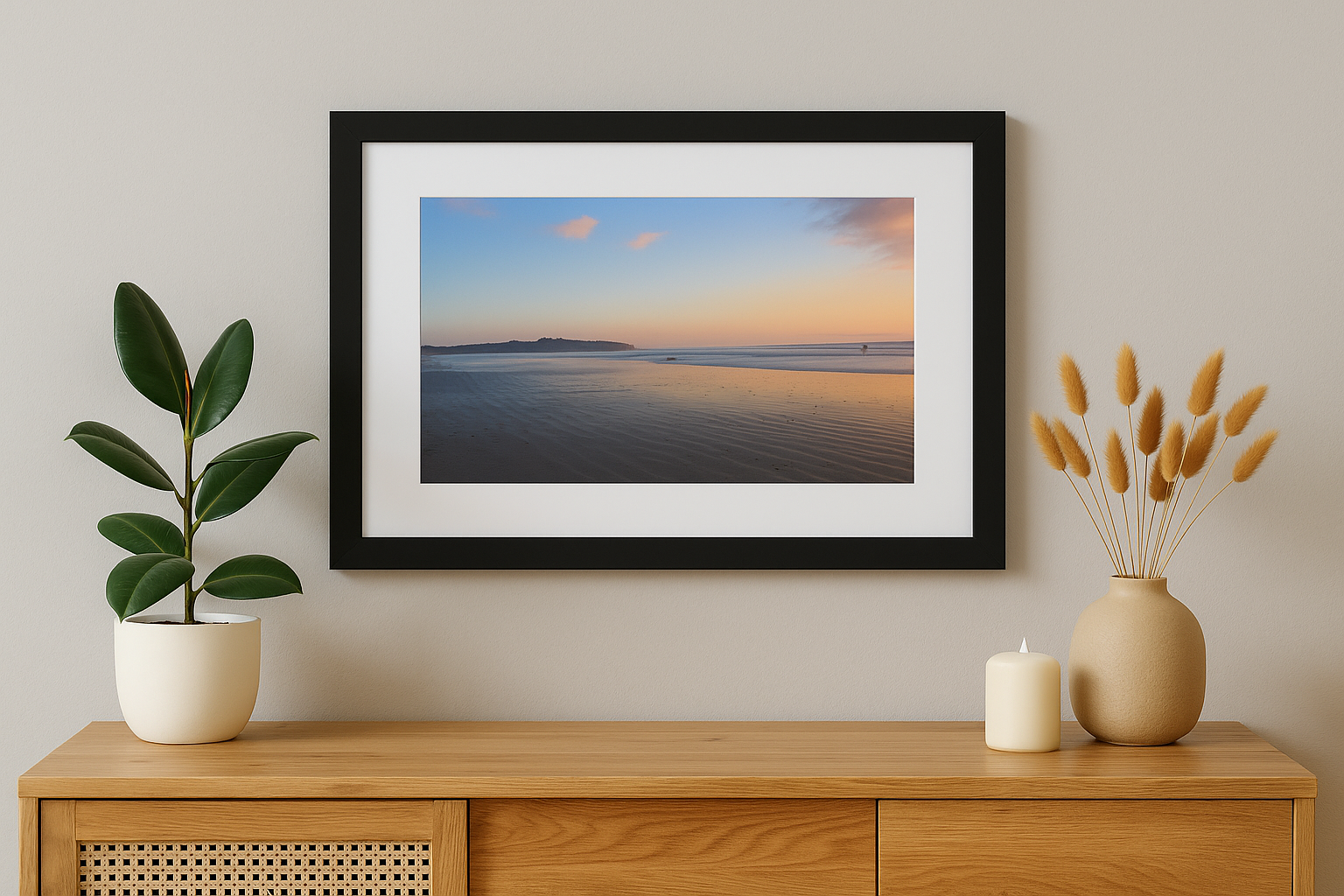 Framed artwork of a sunset over water on a wall above a wooden console table with decorative items.