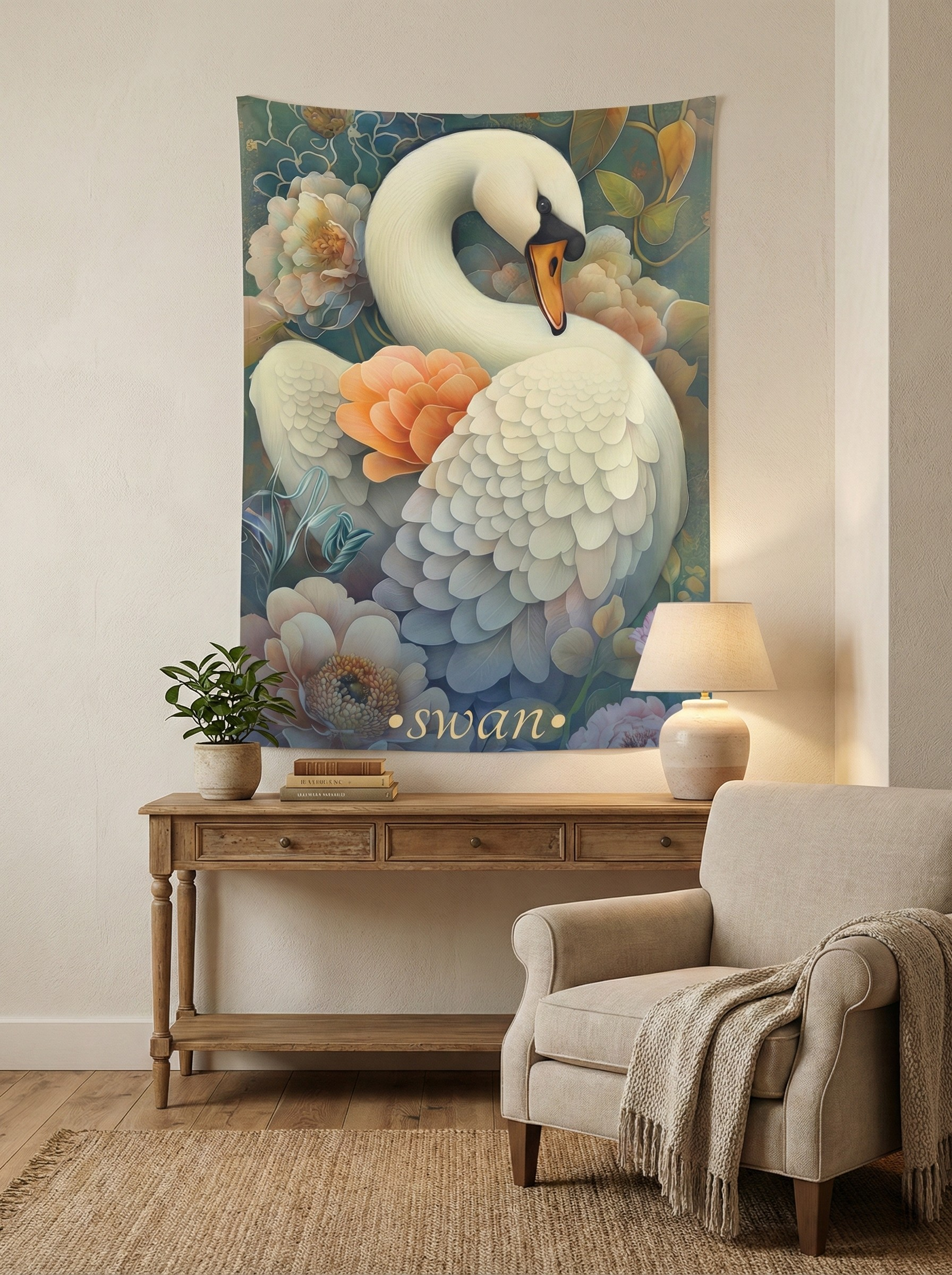 Elegant Swan Wall Tapestry – Soft Floral Animal Art for Dreamy, Nature-Inspired Interiors