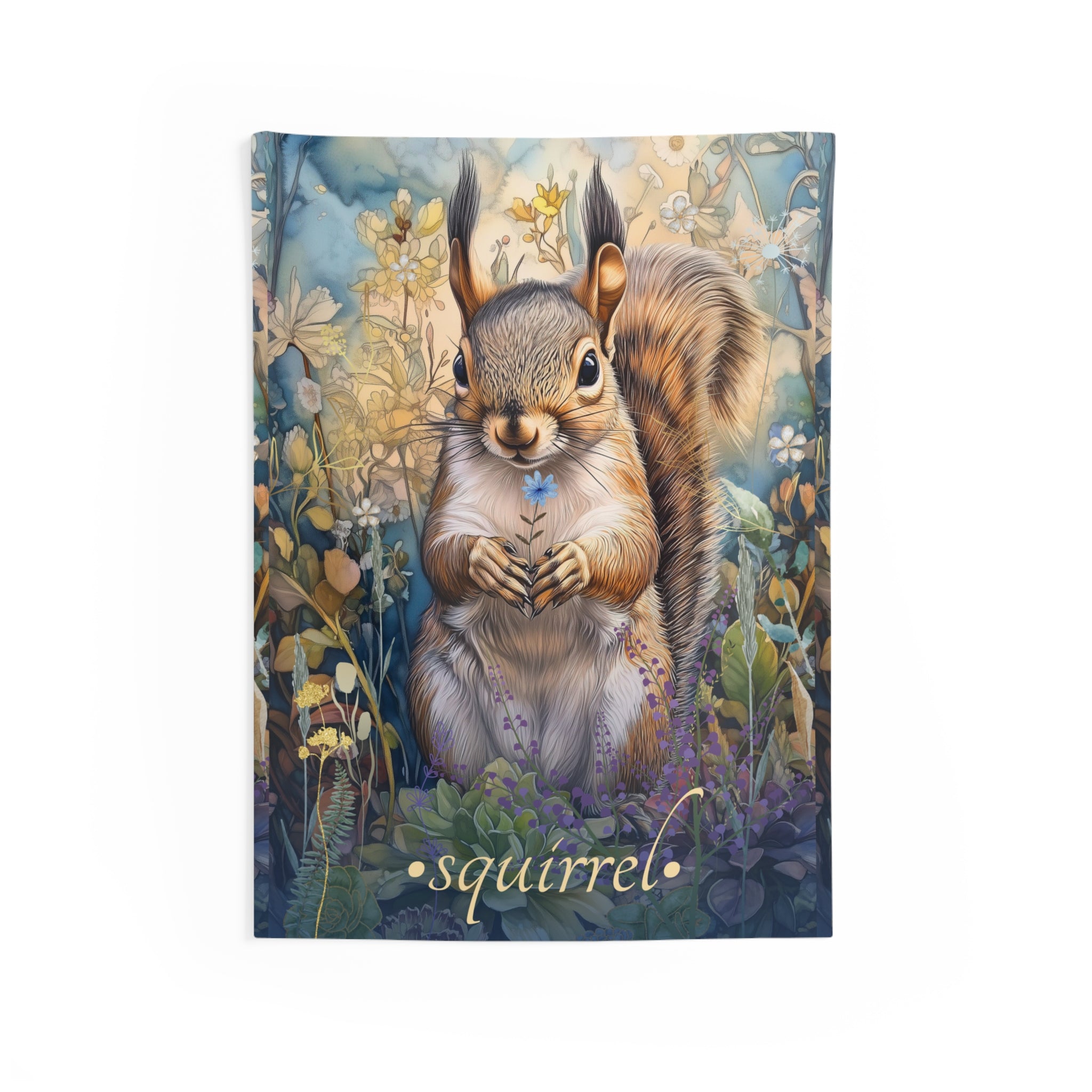 A wall tapestry featuring a detailed illustration of a squirrel with a blue flower, surrounded by green foliage and a wooden background.