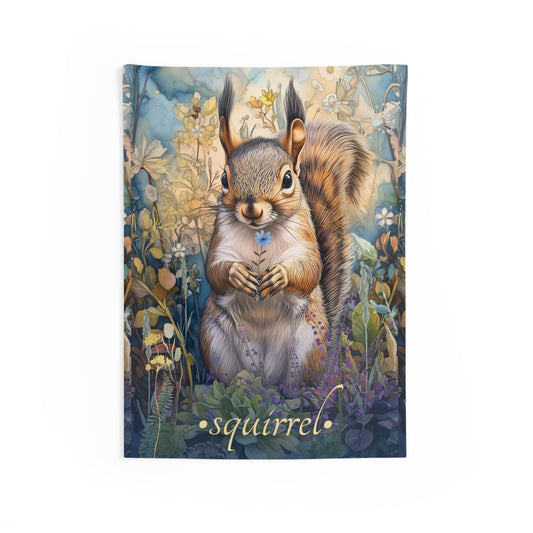 A wall tapestry featuring a detailed illustration of a squirrel with a blue flower, surrounded by green foliage and a wooden background.