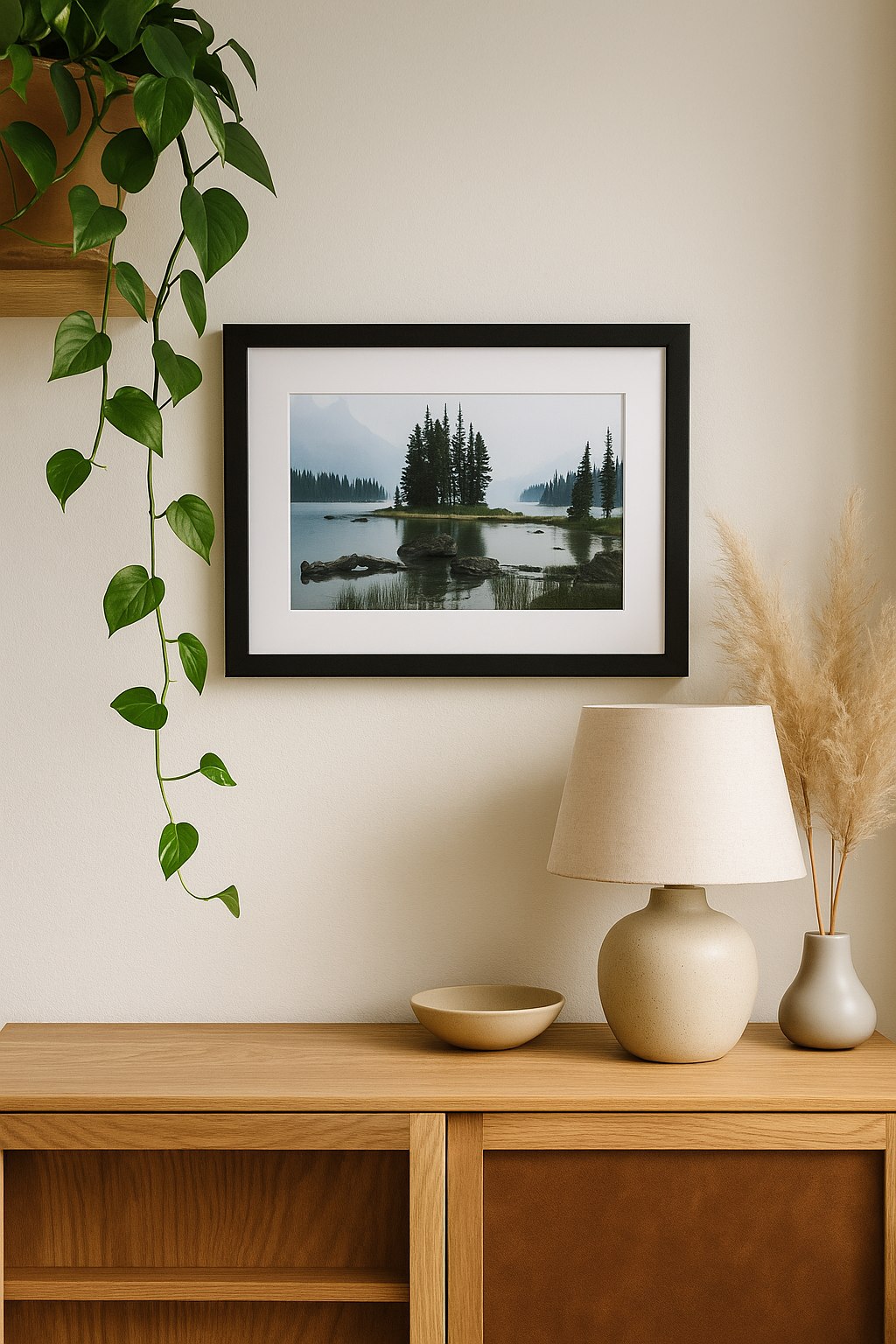 Framed landscape print on a wall above a wooden cabinet with decorative items.