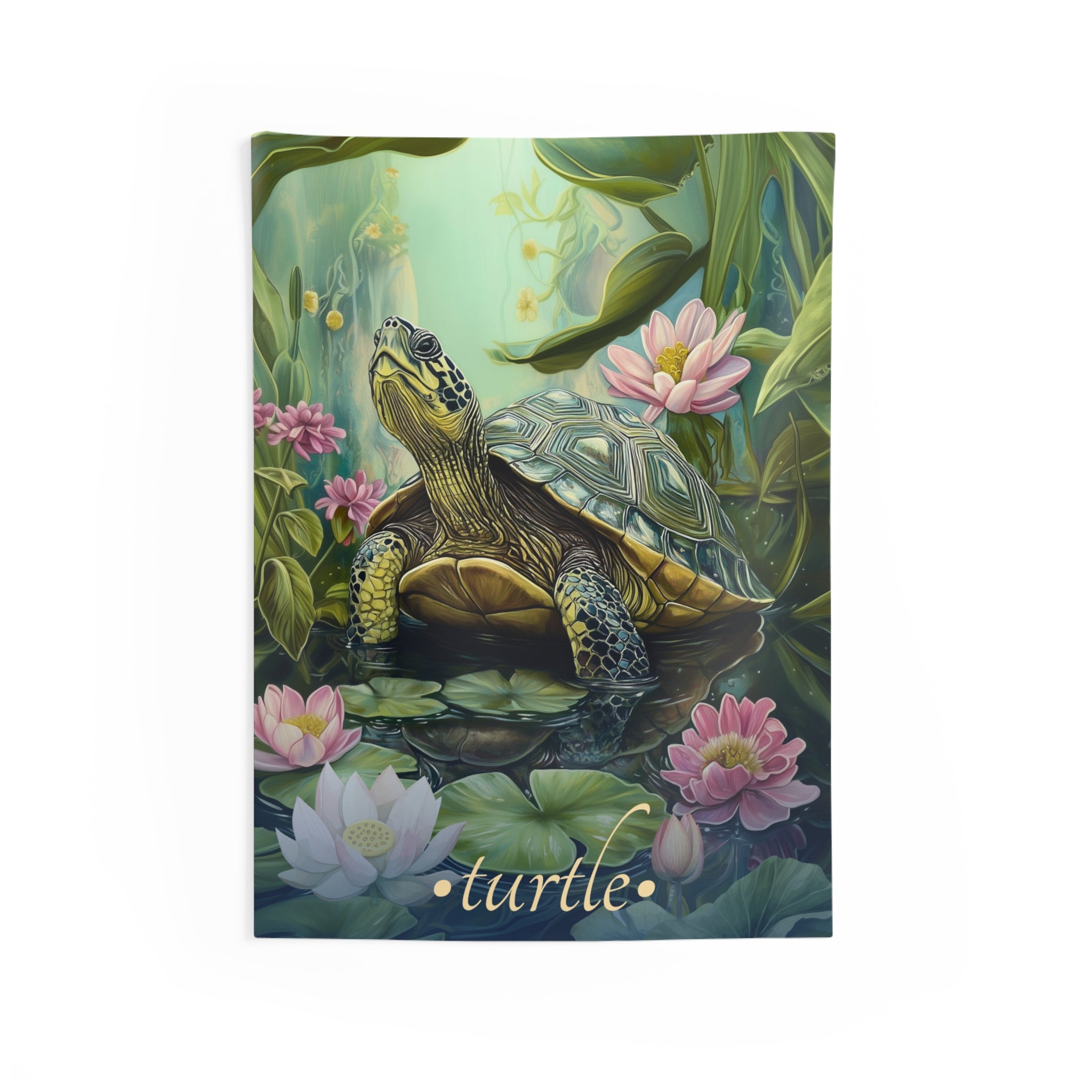 A wall tapestry featuring a artistic representation of a turtle surrounded by lotus blossoms and lily pads in a floral-themed setting.
