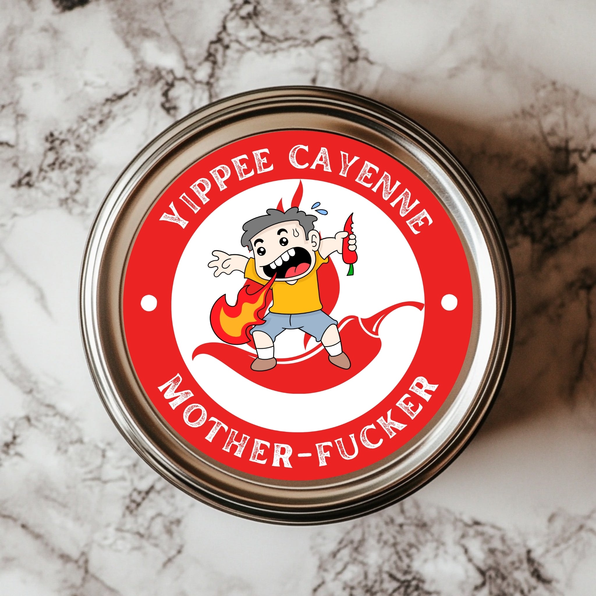 A colorful sticker with an illustration of a character and text 'YIPPEE CAYENNE MOTHER-FUCKER' on a red background.