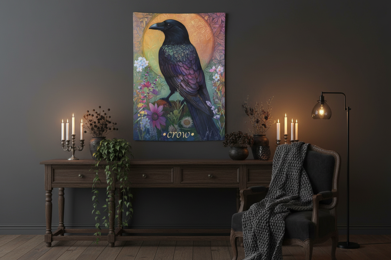 Crow Tapestry in Gothic Bedroom