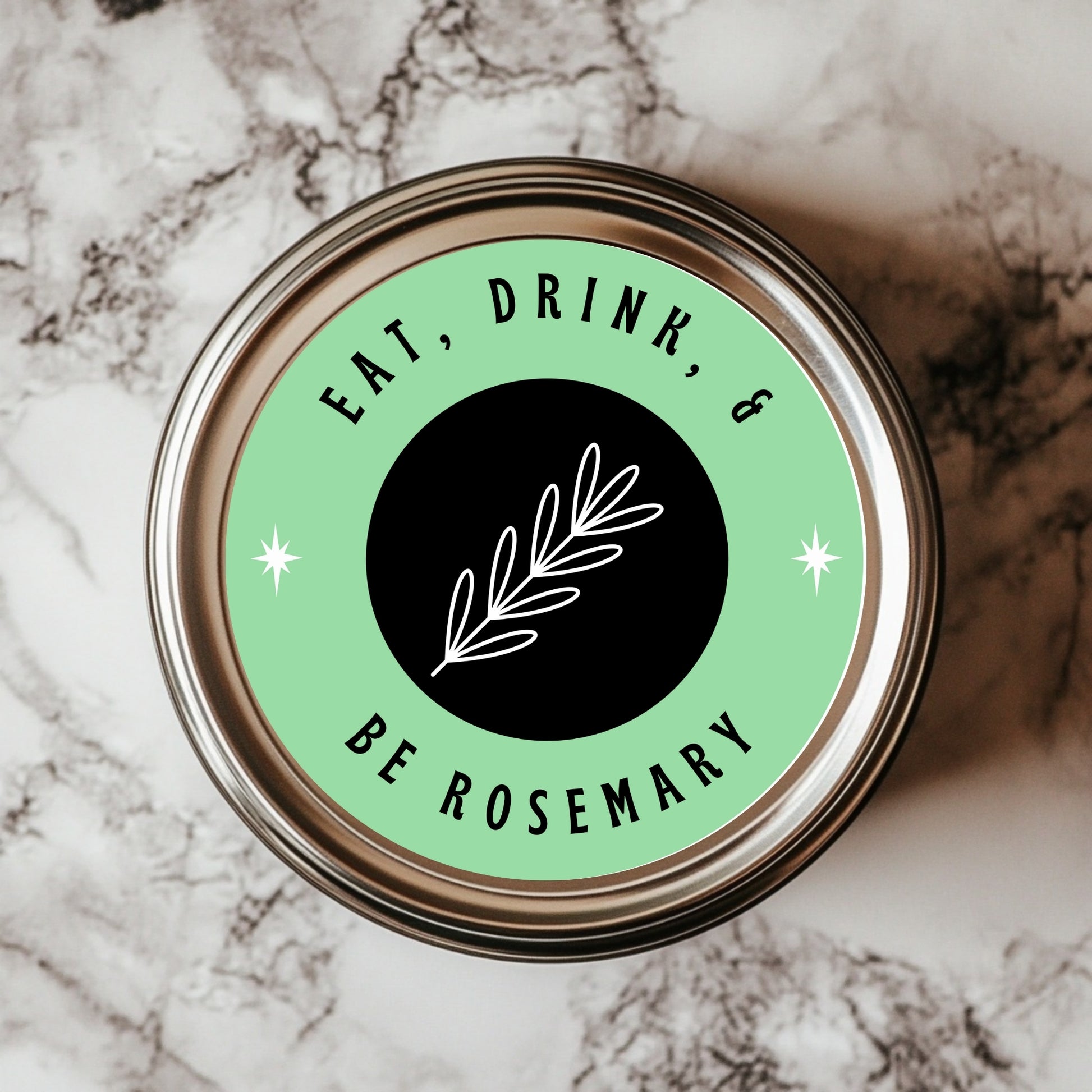 Eat, Drink & Be Rosemary Sticker – 3x3" waterproof vinyl herb pun, perfect for kitchen decor gift ideas.