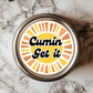 Cumin Get It Sticker, a vibrant 3x3" colorful pun sticker for food lovers, perfect for brightening kitchens and personal items.