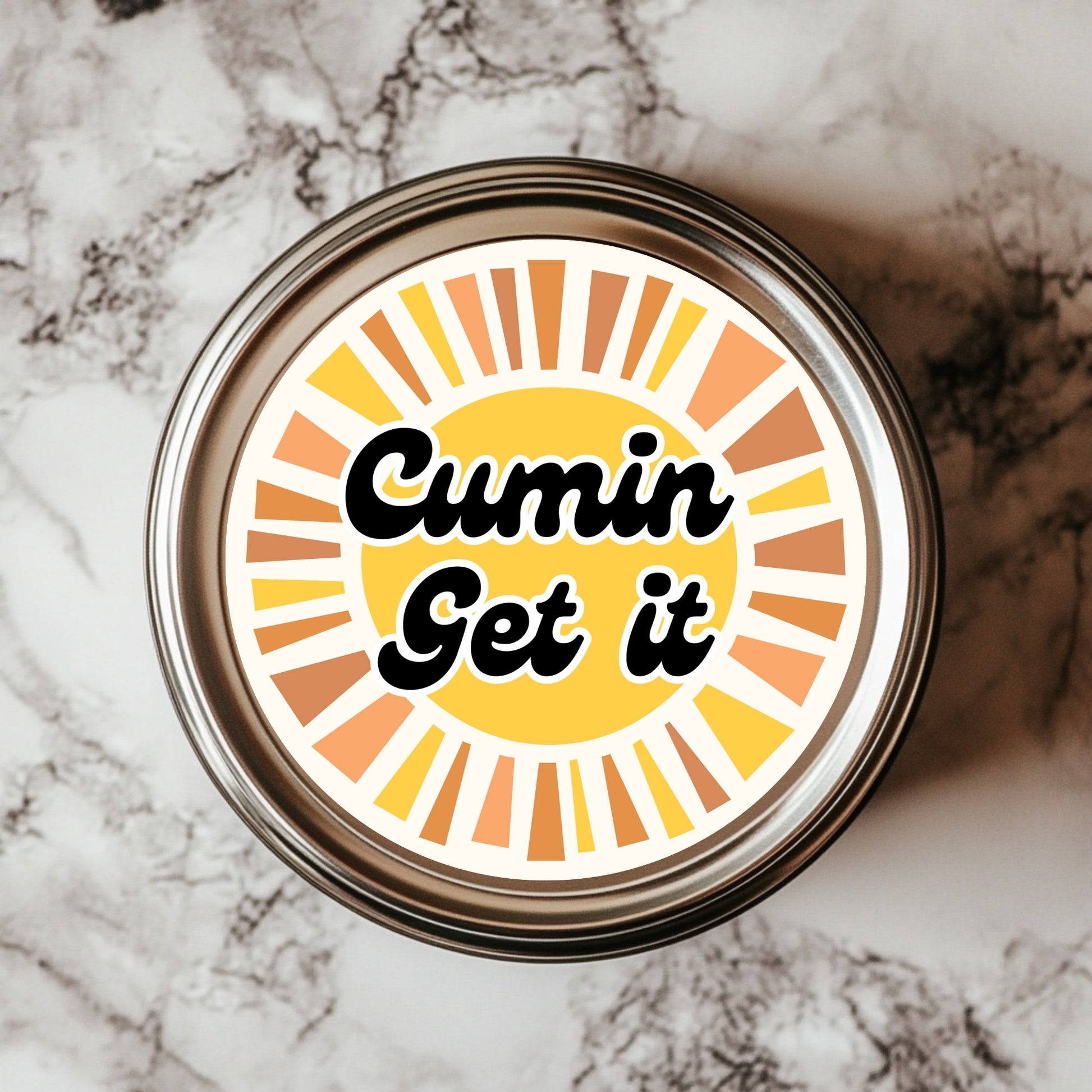 Cumin Get It Sticker, a vibrant 3x3" colorful pun sticker for food lovers, perfect for brightening kitchens and personal items.
