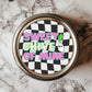 Sweet Chive Of Mine Sticker featuring a playful chive character on a retro checkered background, perfect for herb kitchen decor, waterproof and dishwasher-safe, 3x3 inch vinyl sticker.