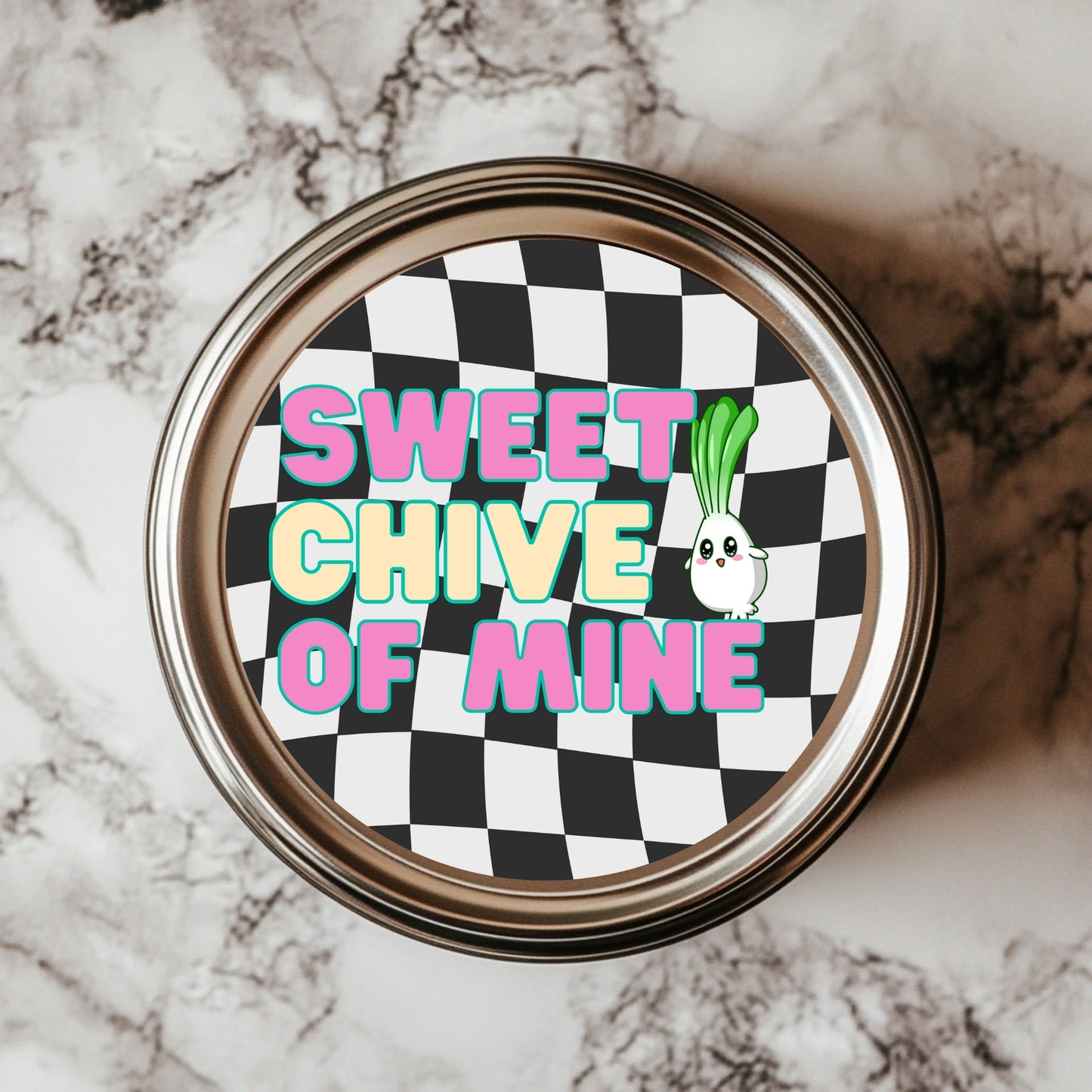 Sweet Chive Of Mine Sticker featuring a playful chive character on a retro checkered background, perfect for herb kitchen decor, waterproof and dishwasher-safe, 3x3 inch vinyl sticker.