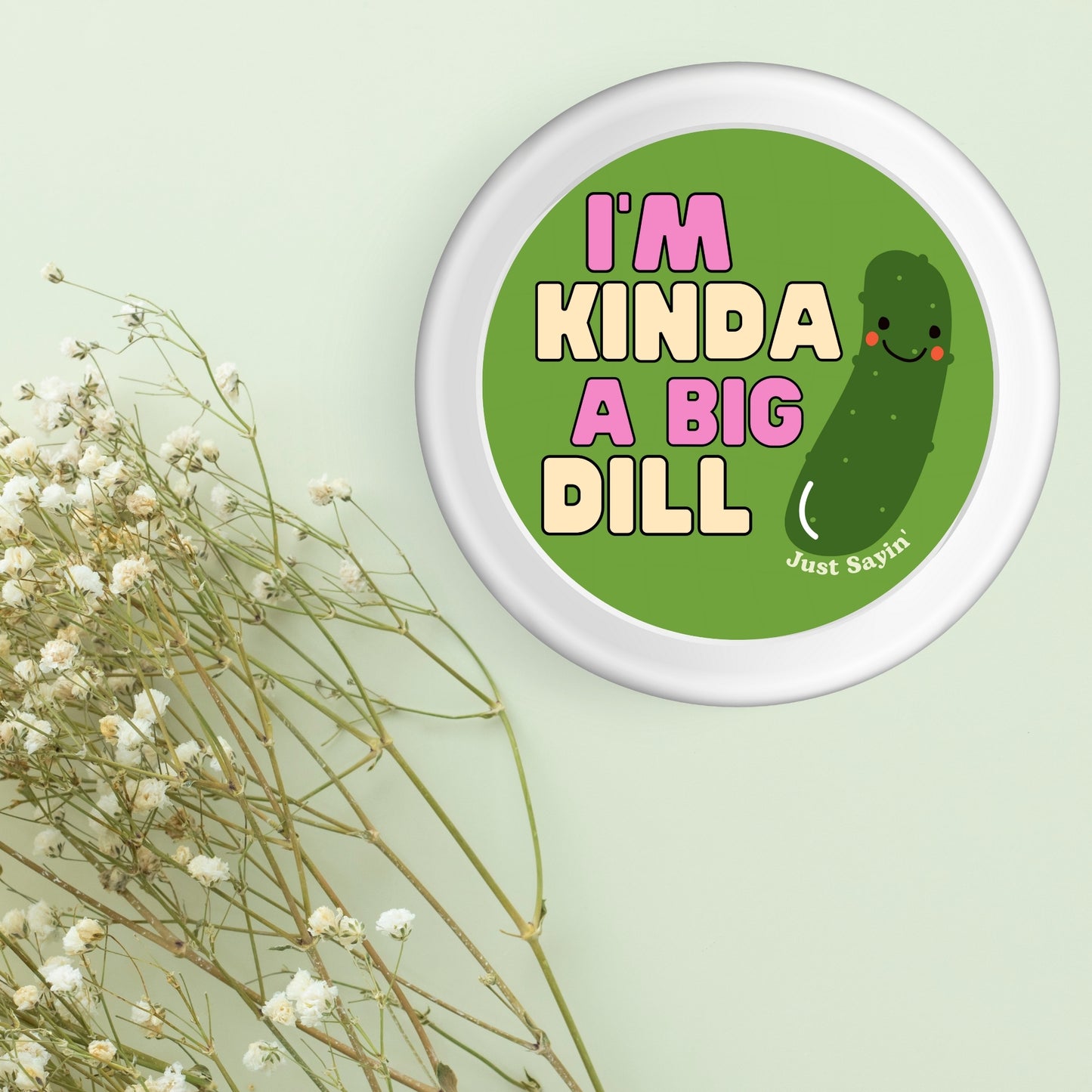 Punny Stickers for Adults - I'm Kinda A Big Dill Waterproof Vinyl Sticker, featuring a cute dill pickle character, perfect for adding humor and whimsy to your belongings.