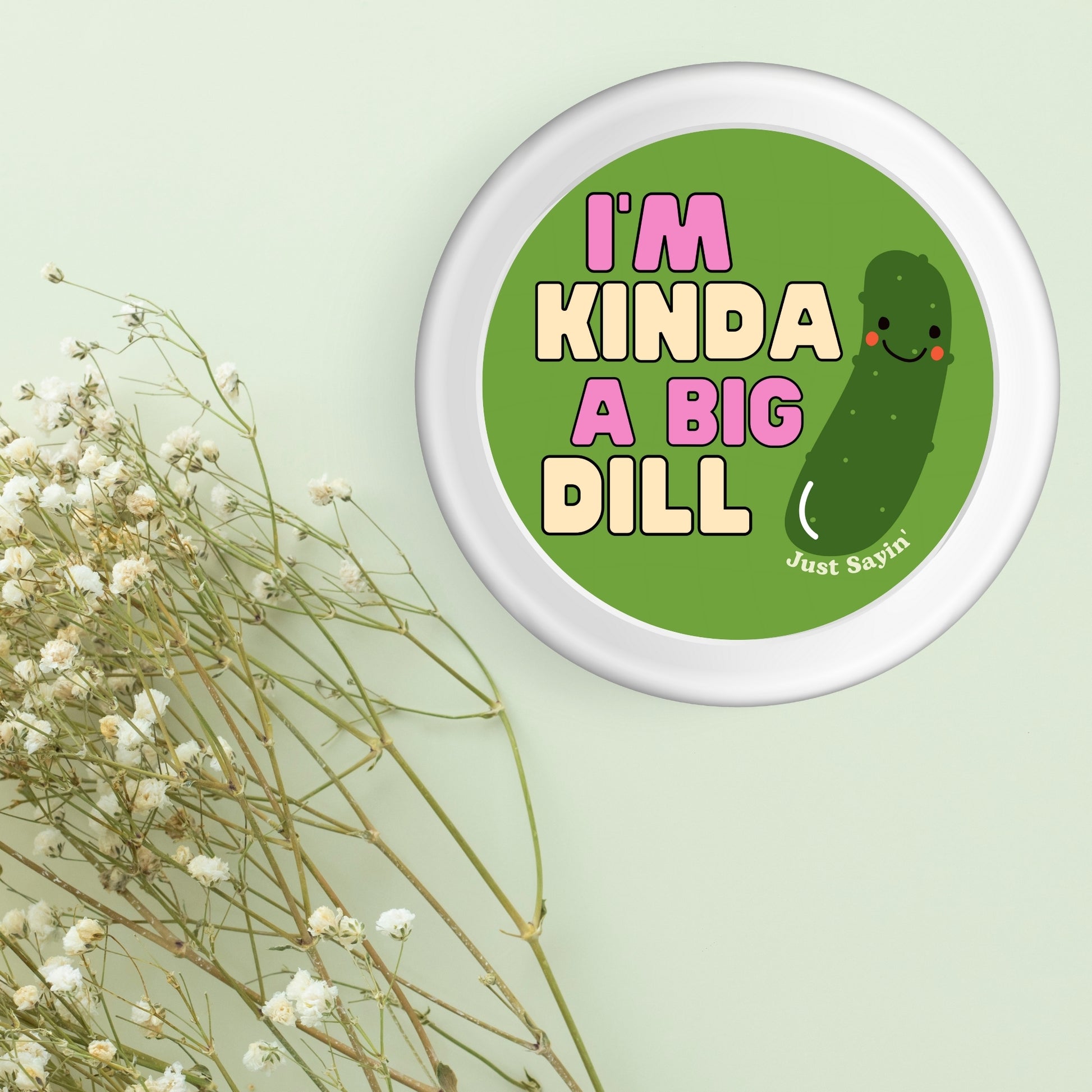 Punny Stickers for Adults - I'm Kinda A Big Dill Waterproof Vinyl Sticker, featuring a cute dill pickle character, perfect for adding humor and whimsy to your belongings.