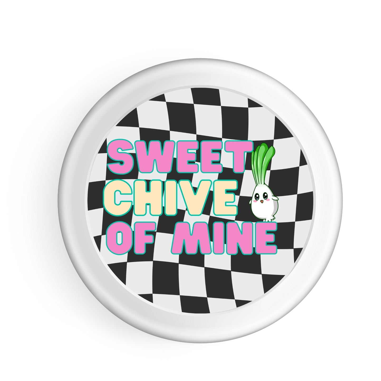 Sweet Chive Of Mine Sticker showcasing a retro design with an adorable chive character, perfect for herb kitchen decor, 3" vinyl, waterproof and dishwasher-safe, ideal for personalizing spice jars and notebooks.