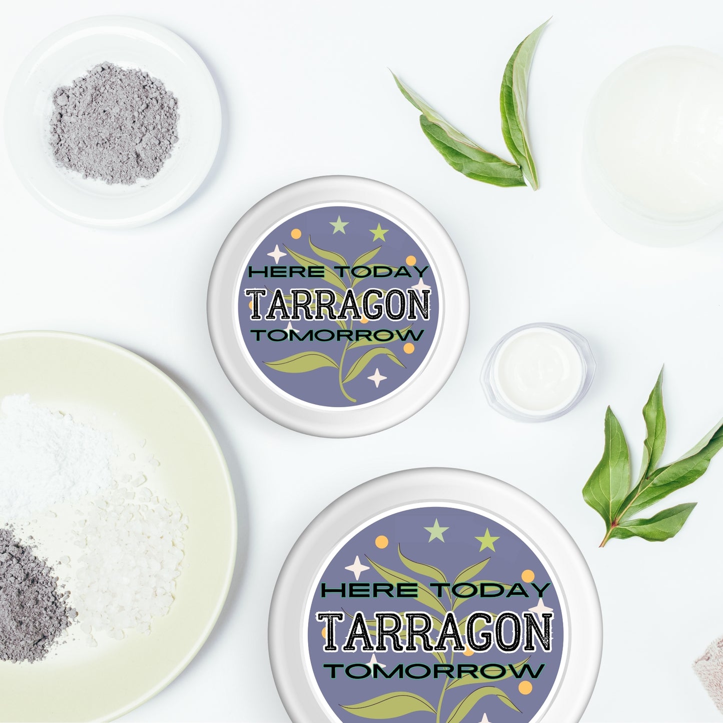 Whimsical vinyl sticker featuring the phrase Here Today Tarragon Tomorrow, a charming addition for funny kitchen gifts and spice jar decorations.